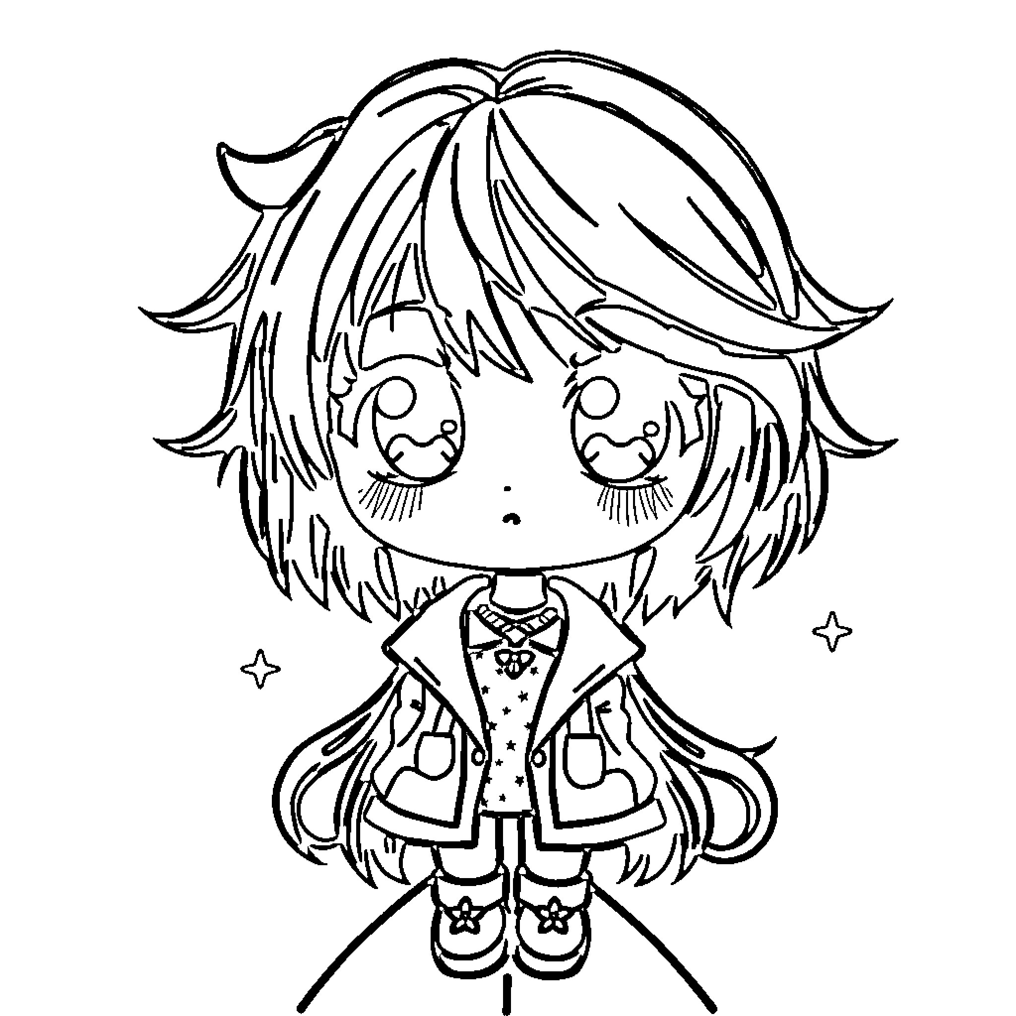 Anime Girl with Colorful Outfit and Bright Expression Coloring Page (free black-and-white line drawing printable PDF for all, from beginners to advanced learners, including children, teens, adults, and seniors)