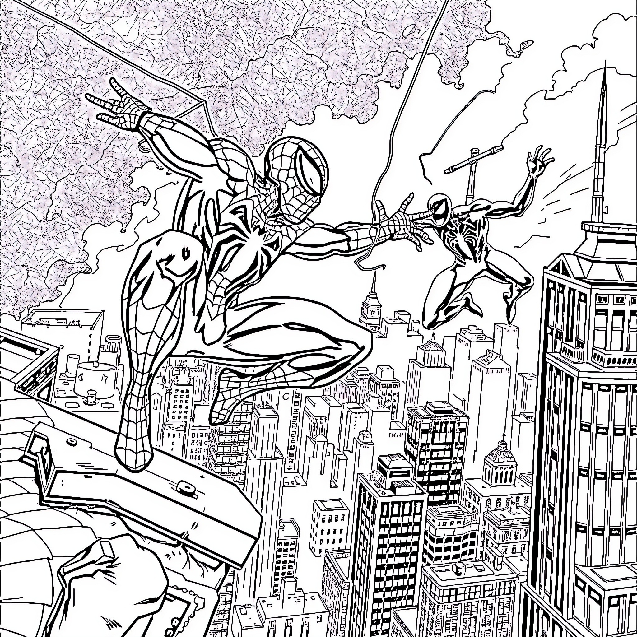Spider-Man Swinging Into Action over City Skyline Coloring Page (free black-and-white line drawing printable PDF for all, from beginners to advanced learners, including children, teens, adults, and seniors)