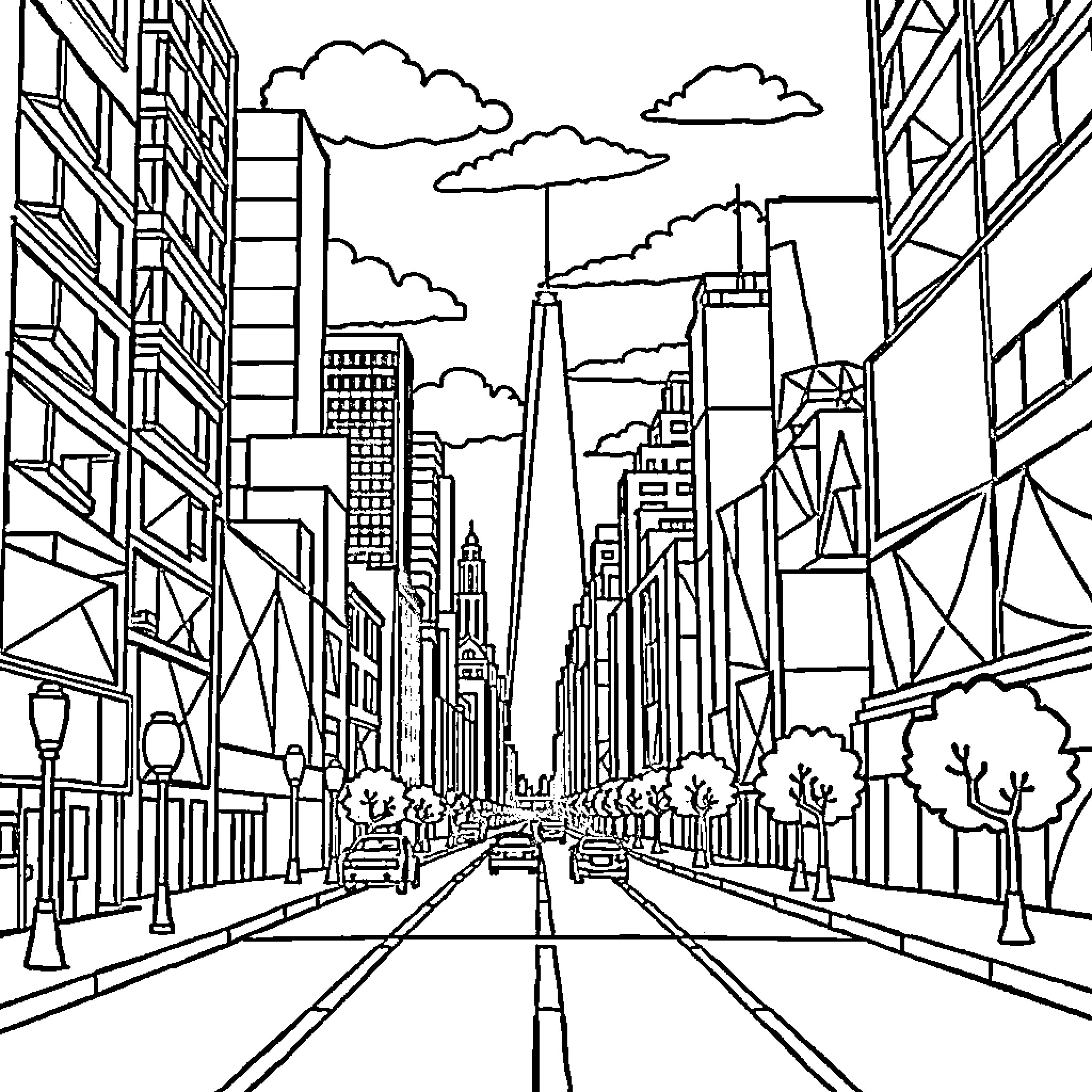 Quadrilateral Architectural Cityscape Coloring Page (free black-and-white line drawing printable PDF for all, from beginners to advanced learners, including children, teens, adults, and seniors)