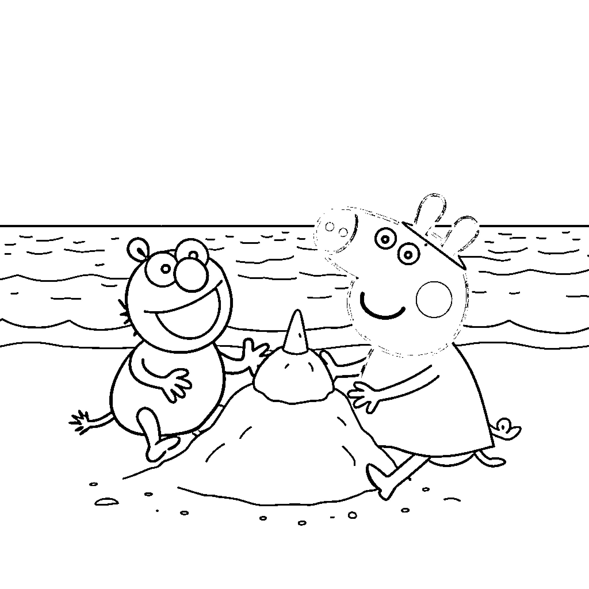 Peppa Pig and friends playing at the beach Coloring Page (free black-and-white line drawing printable PDF for all, from beginners to advanced learners, including children, teens, adults, and seniors)
