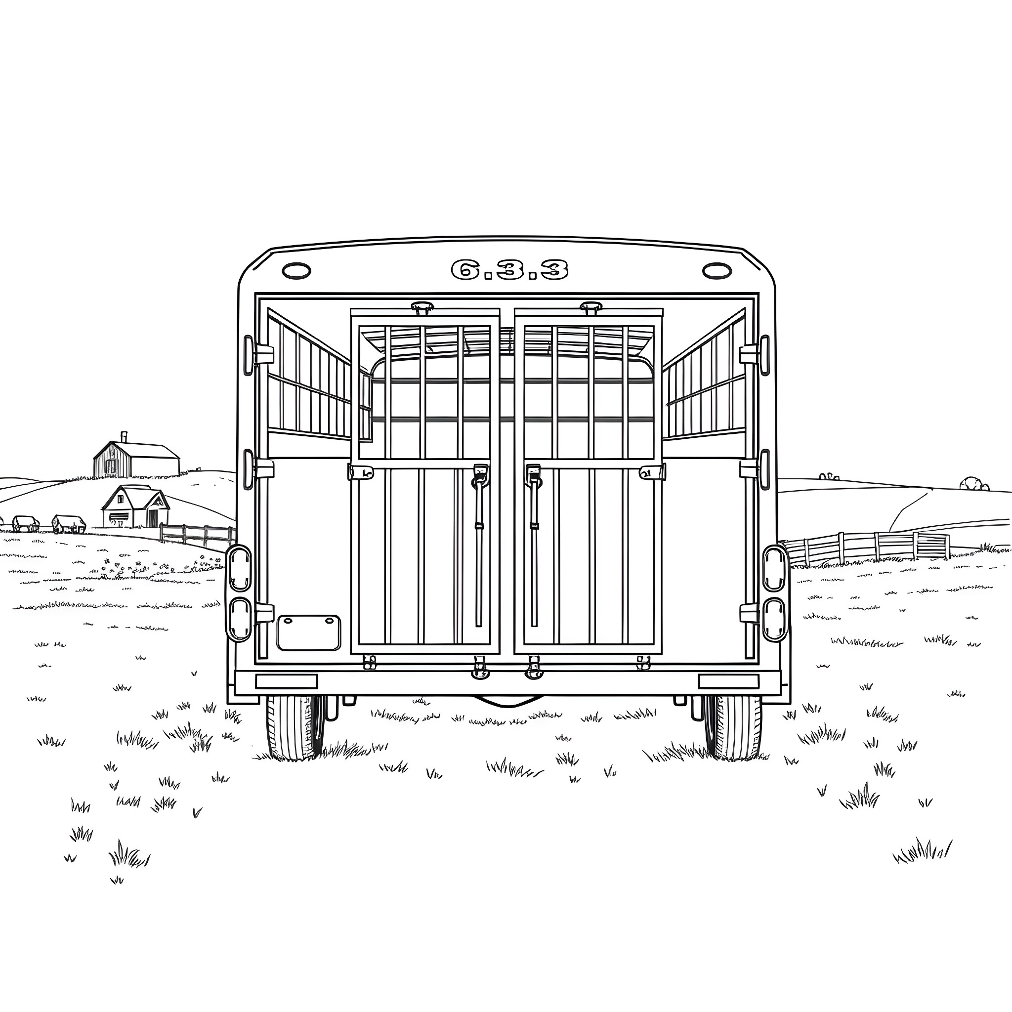 Gooseneck Trailer Transporting Livestock in a Rural Landscape Coloring Page (free black-and-white line drawing printable PDF for all, from beginners to advanced learners, including children, teens, adults, and seniors)