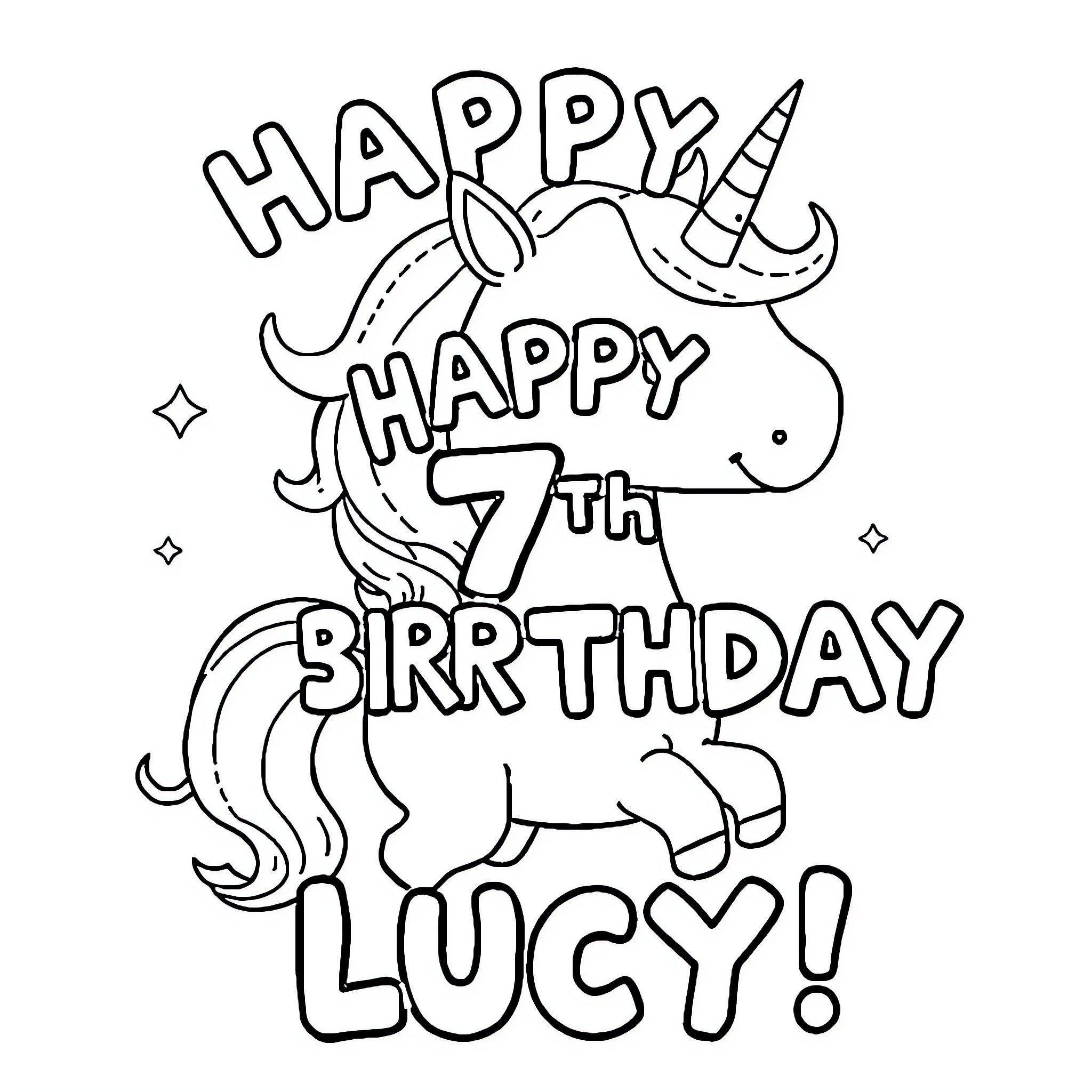 Unicorn celebrating a 7th birthday happily Coloring Page (free black-and-white line drawing printable PDF for all, from beginners to advanced learners, including children, teens, adults, and seniors)