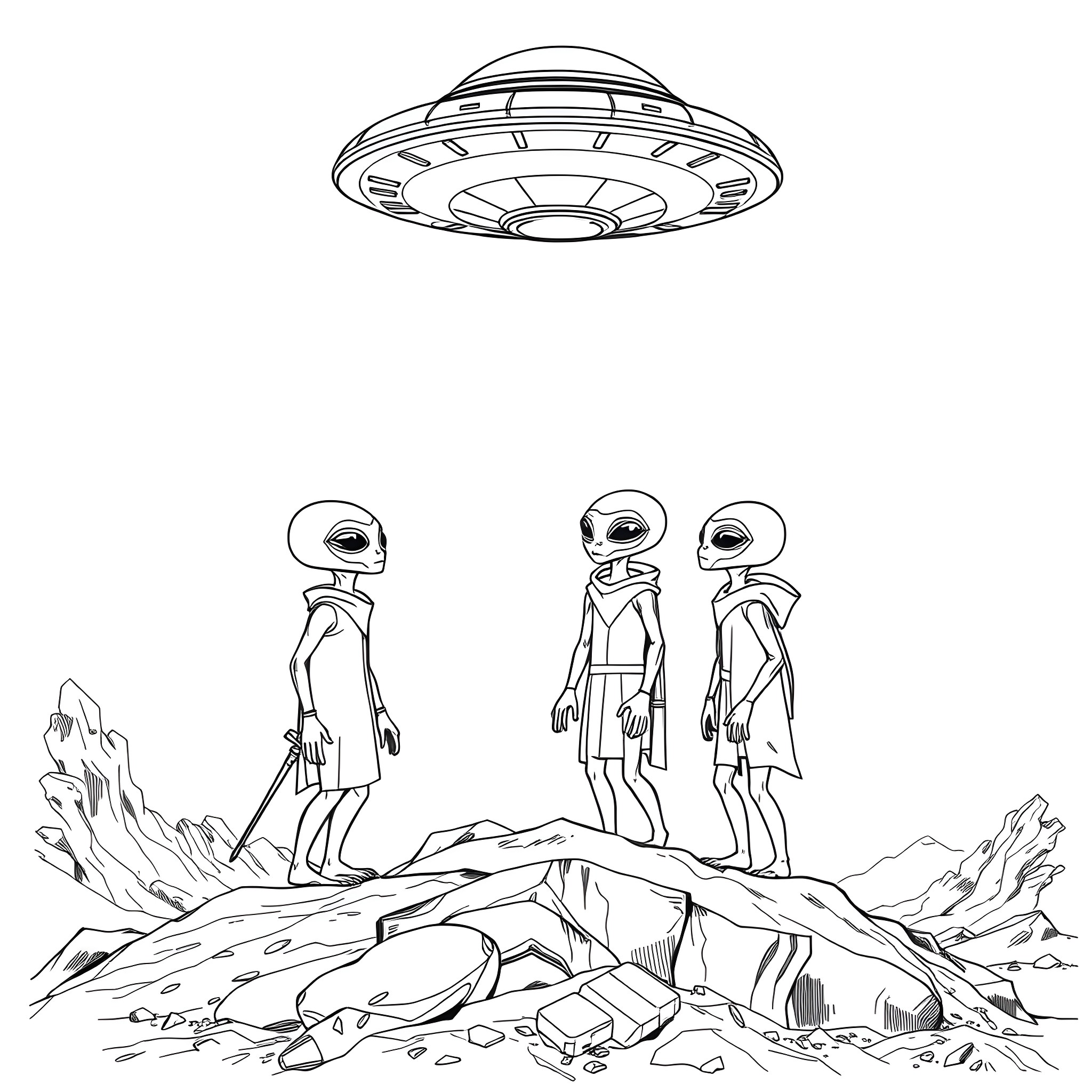 Alien explorers investigating a remote planet Coloring Page (free black-and-white line drawing printable PDF for all, from beginners to advanced learners, including children, teens, adults, and seniors)