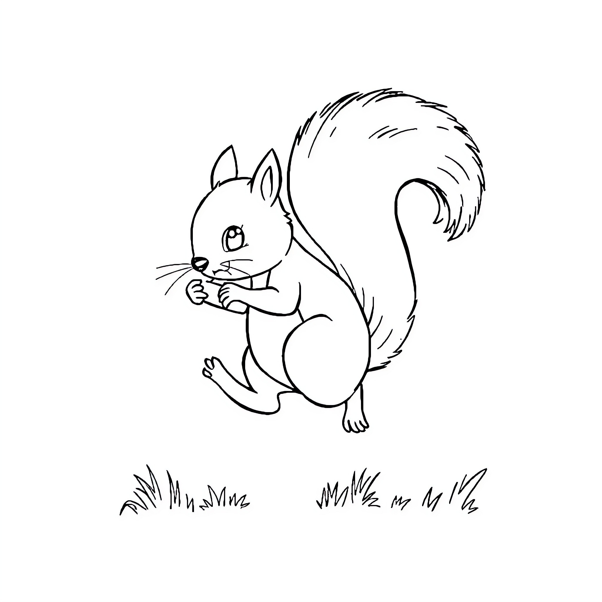 Squirrel enjoying a tasty snack in the grass Coloring Page (free black-and-white line drawing printable PDF for all, from beginners to advanced learners, including children, teens, adults, and seniors)