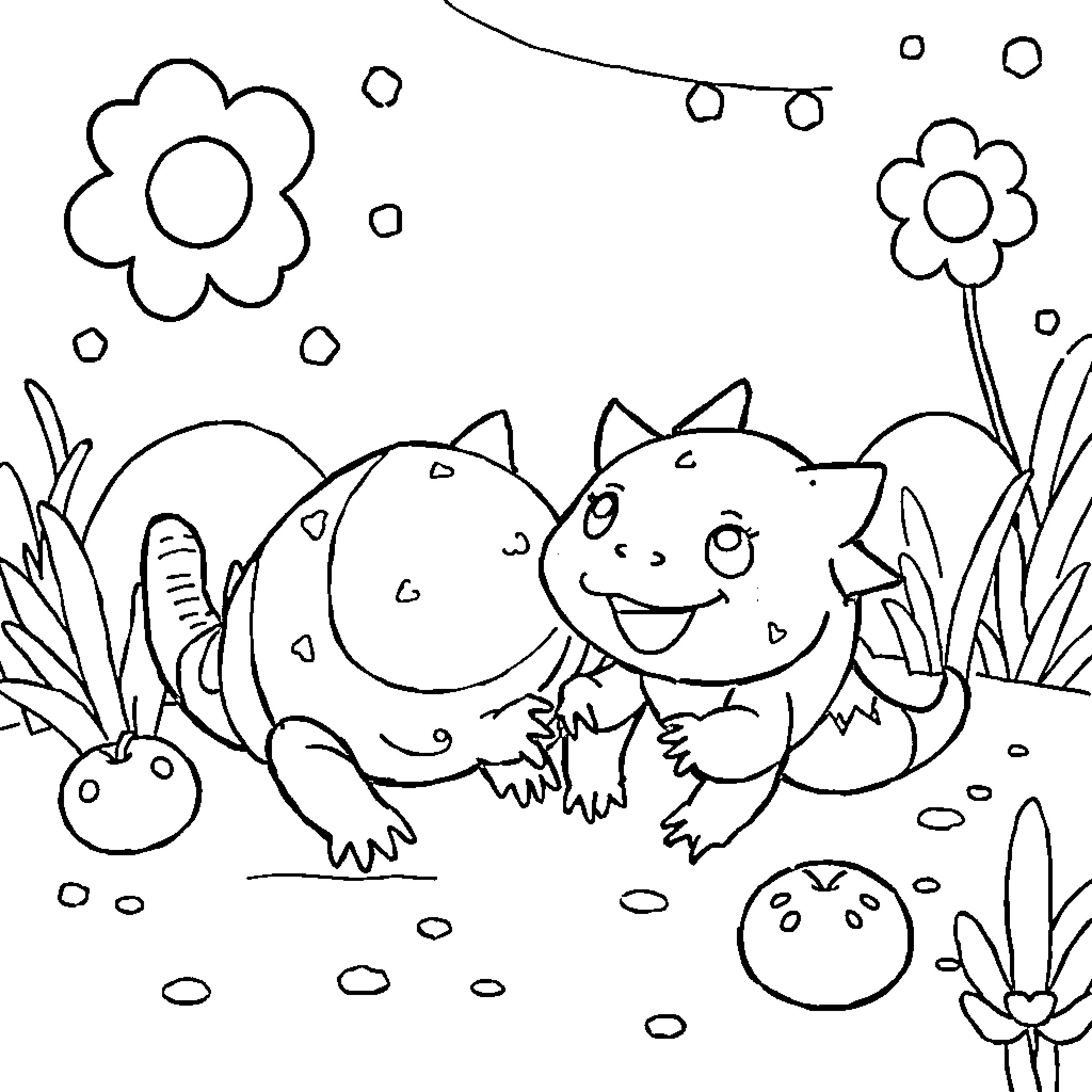 Cinnamonroll playing with friends in the garden Coloring Page (free black-and-white line drawing printable PDF for all, from beginners to advanced learners, including children, teens, adults, and seniors)