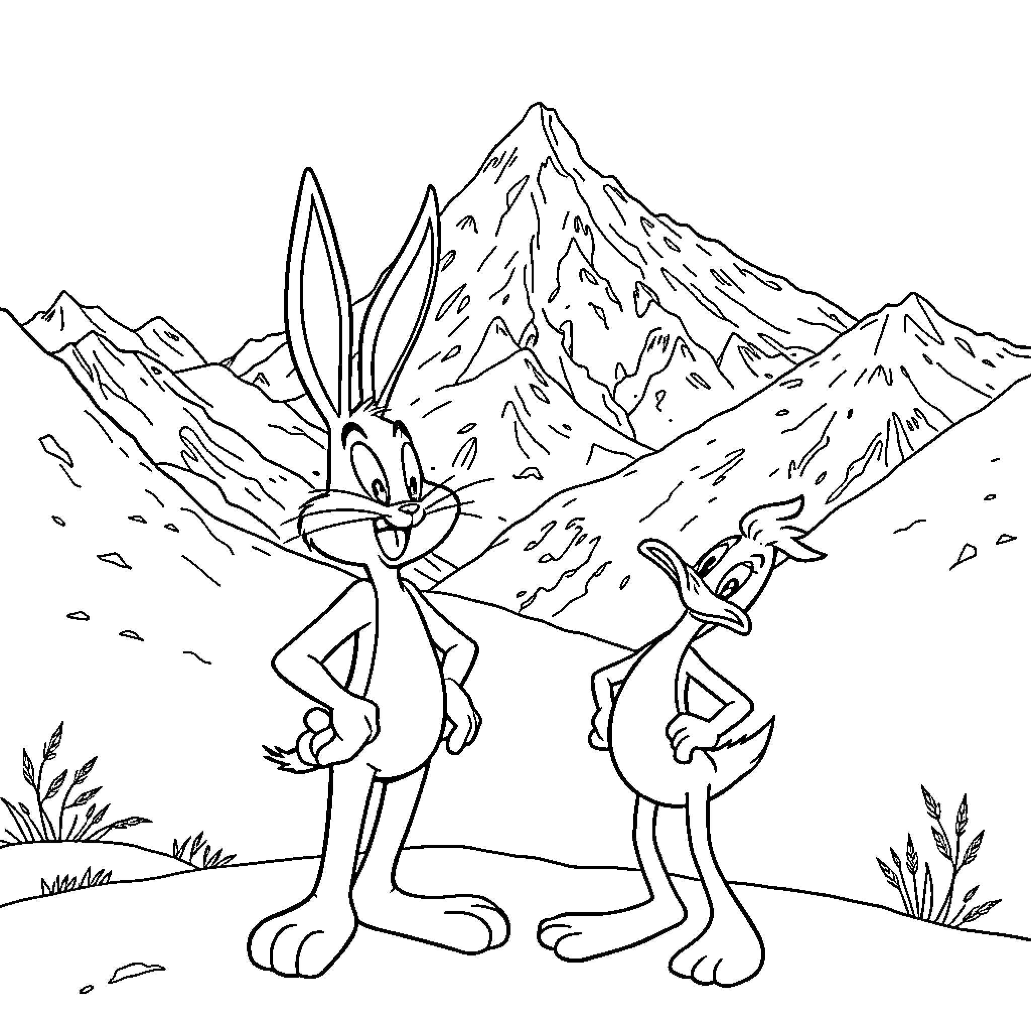 Bugs Bunny and friends in the snowy mountains Coloring Page (free black-and-white line drawing printable PDF for all, from beginners to advanced learners, including children, teens, adults, and seniors)