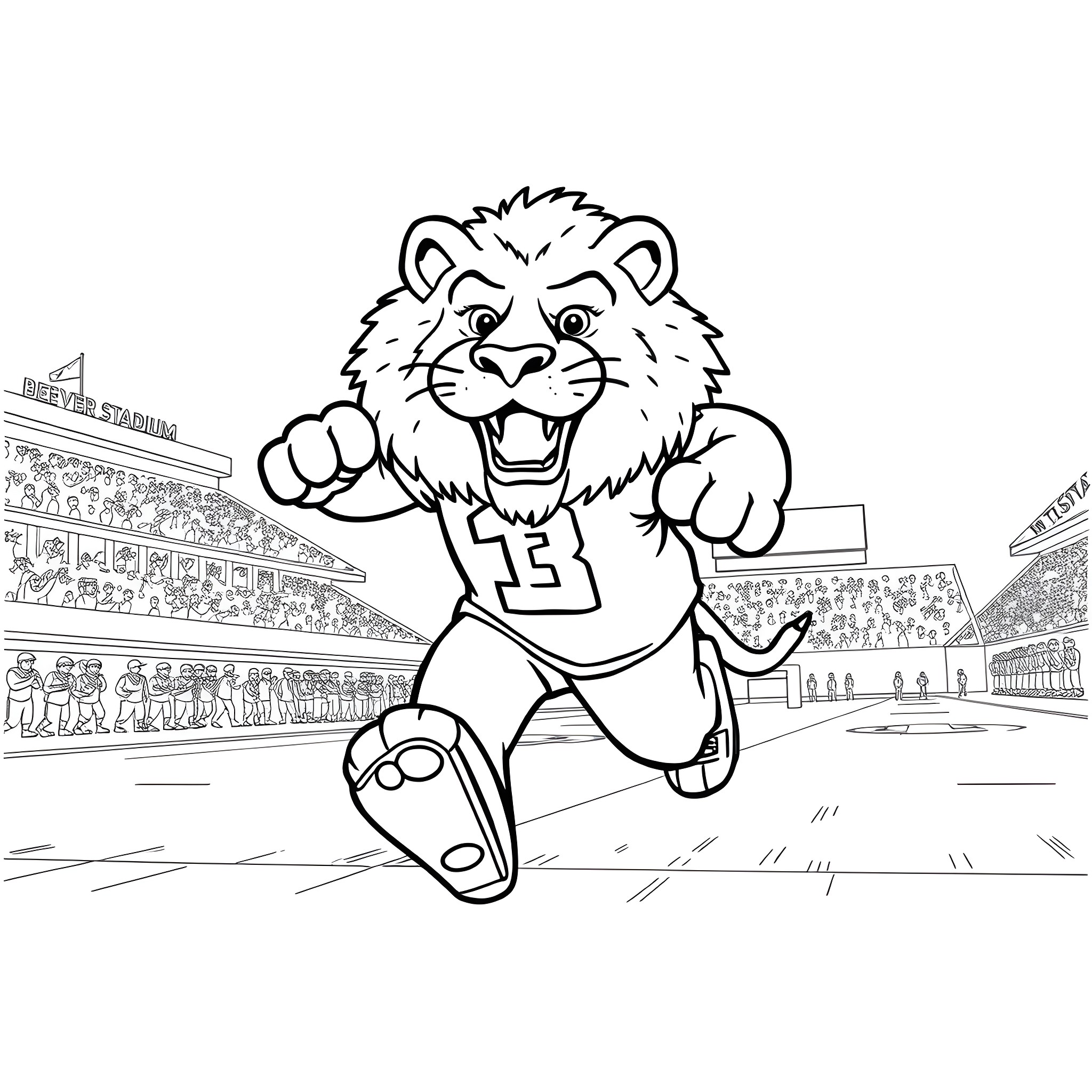 Lion athlete running on the field Coloring Page (free black-and-white line drawing printable PDF for all, from beginners to advanced learners, including children, teens, adults, and seniors)
