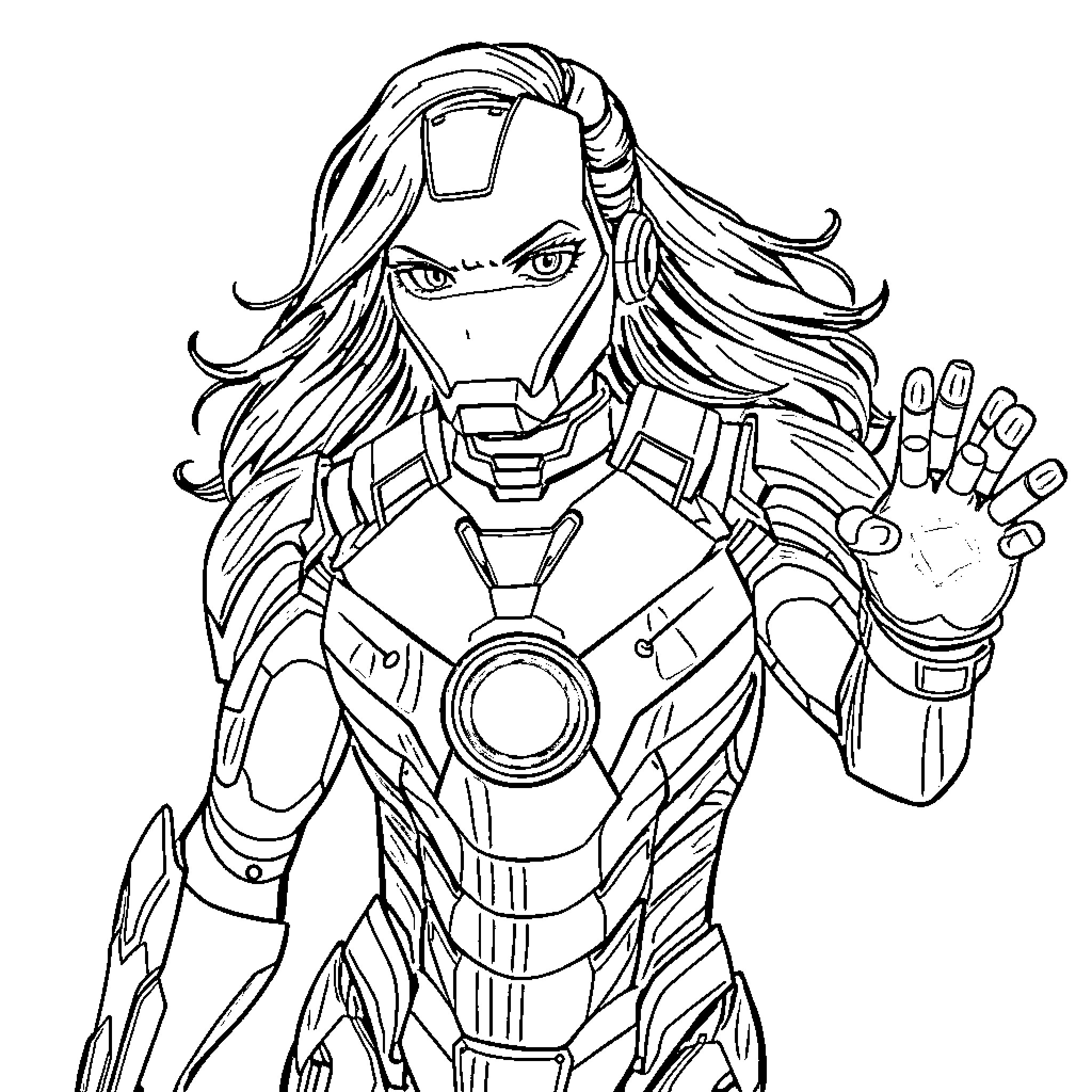 Pochaco heroically suited up in futuristic armor Coloring Page (free black-and-white line drawing printable PDF for all, from beginners to advanced learners, including children, teens, adults, and seniors)