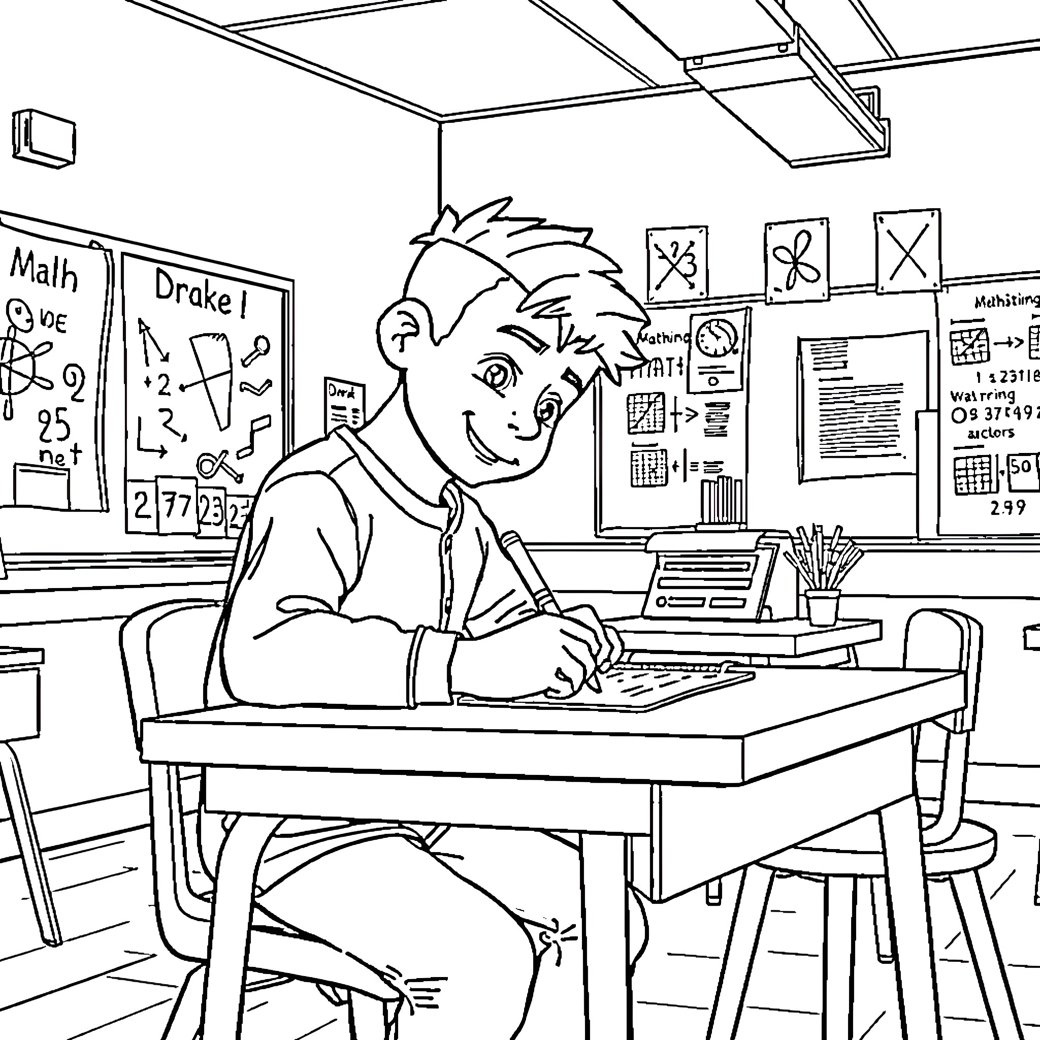 Drake solving math problems in the classroom Coloring Page (free black-and-white line drawing printable PDF for all, from beginners to advanced learners, including children, teens, adults, and seniors)