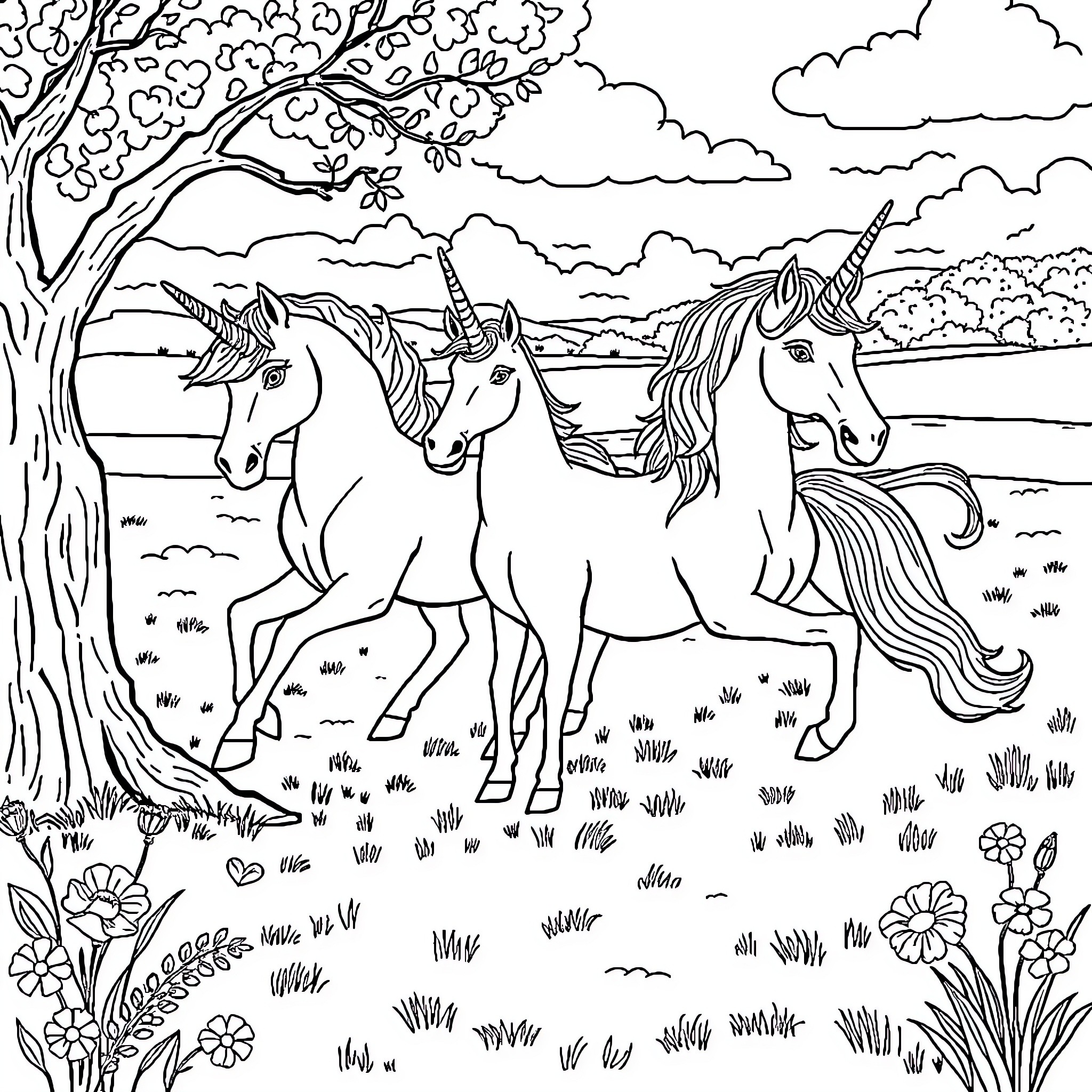 Unicorn Trio Frolicking in a Magical Meadow Coloring Page (free black-and-white line drawing printable PDF for all, from beginners to advanced learners, including children, teens, adults, and seniors)