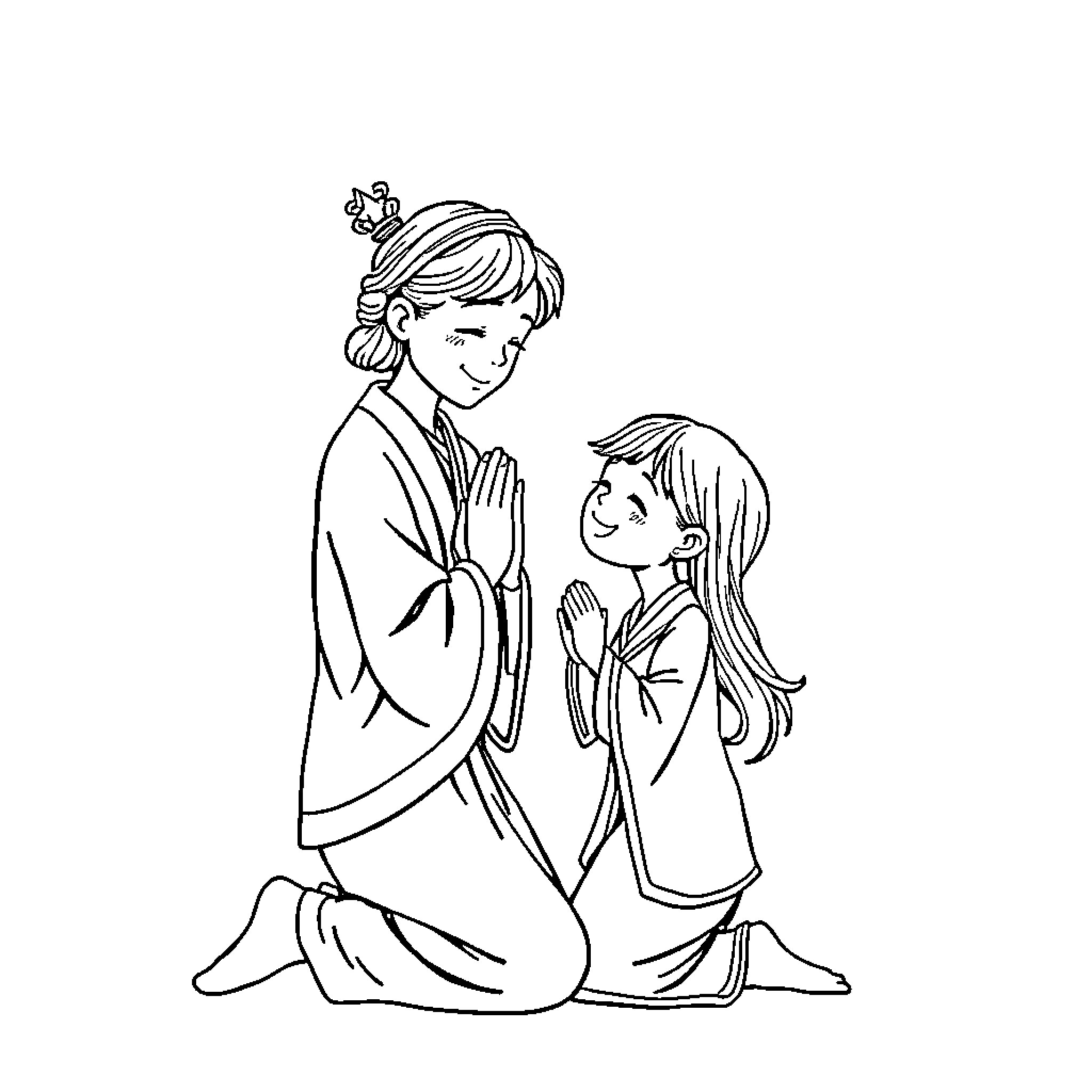 Prayer of mother and child Coloring Page (free black-and-white line drawing printable PDF for all, from beginners to advanced learners, including children, teens, adults, and seniors)