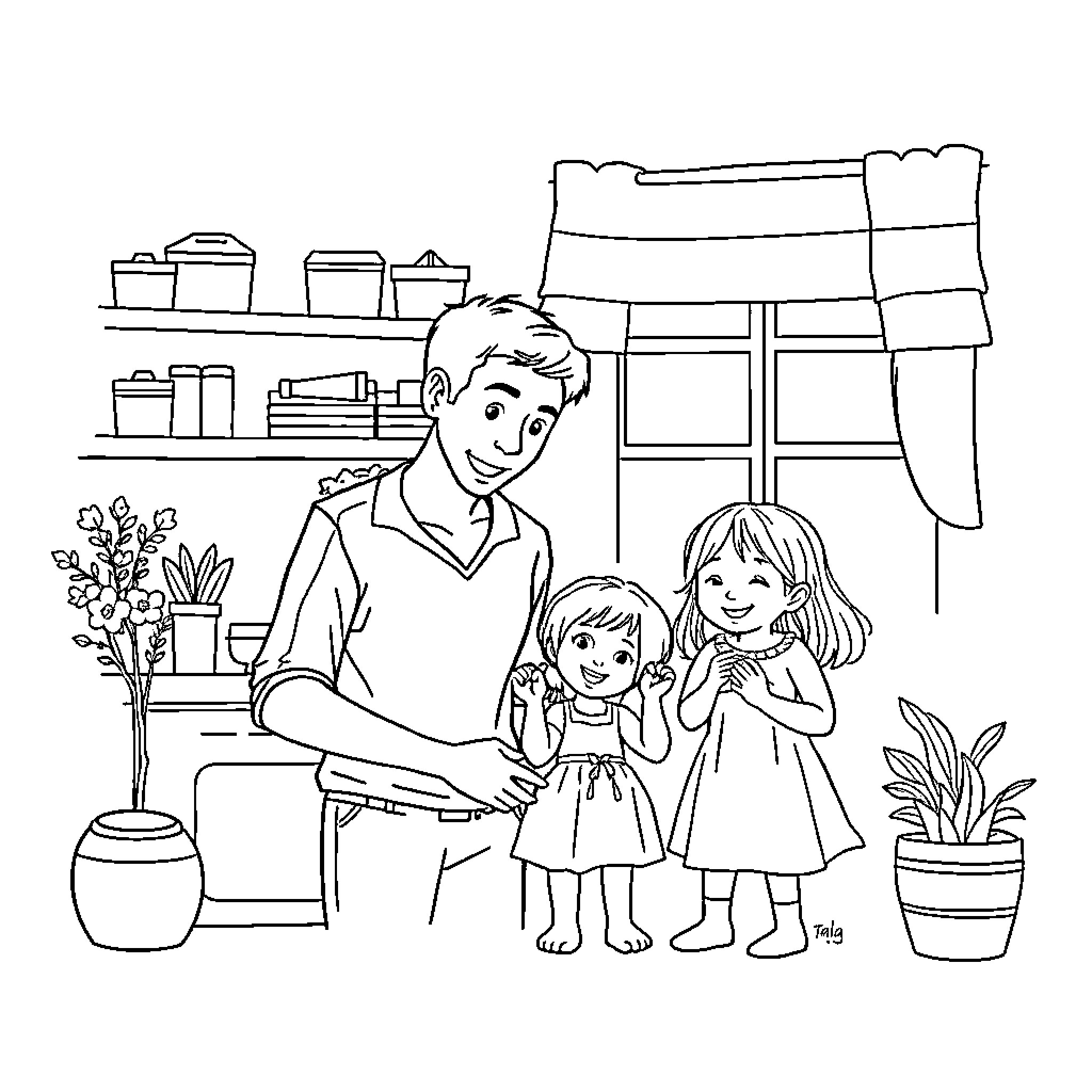 Husband Enjoying Time with Daughters in the Kitchen Coloring Page (free black-and-white line drawing printable PDF for all, from beginners to advanced learners, including children, teens, adults, and seniors)