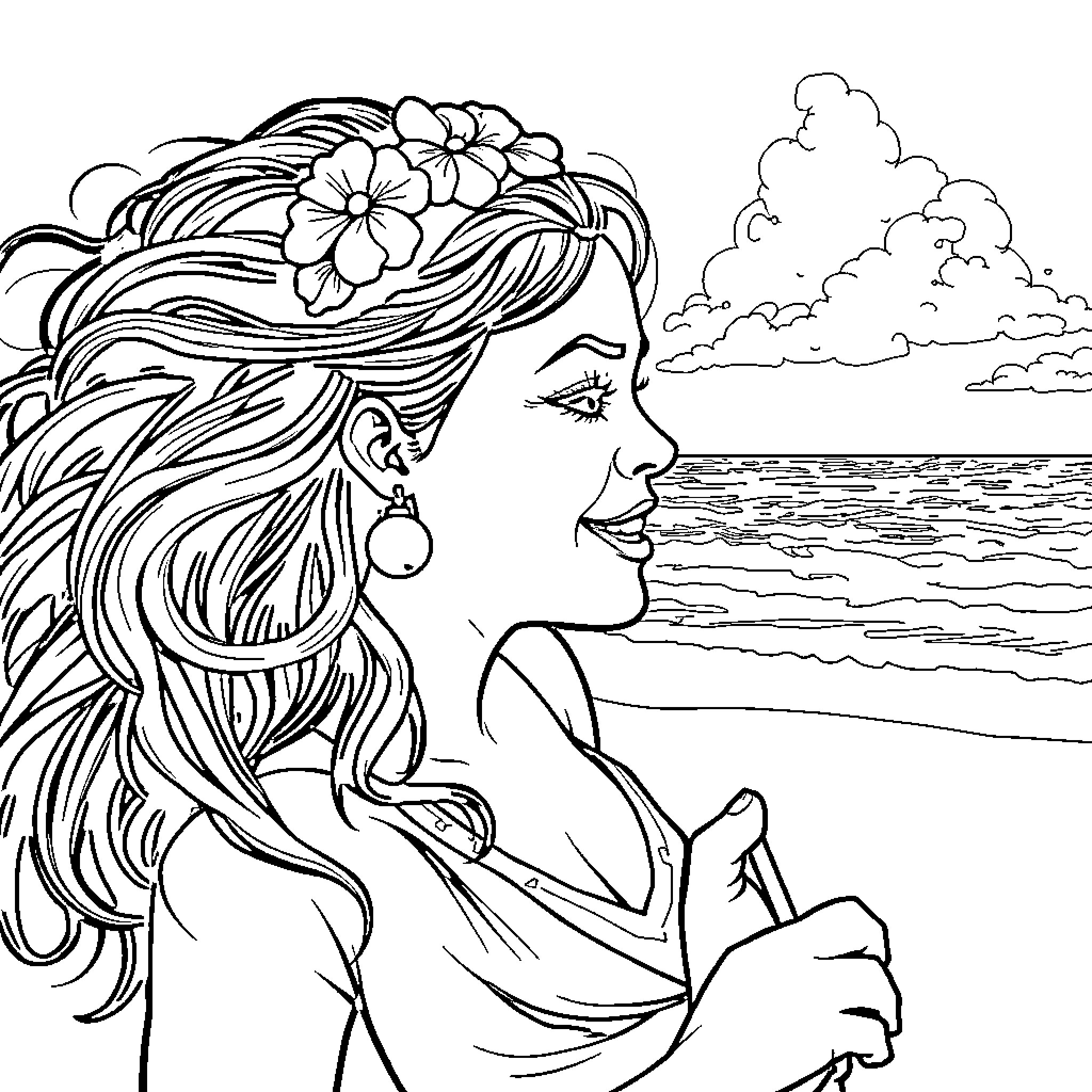 Snow White gazing at the ocean horizon with flowers in her hair Coloring Page (free black-and-white line drawing printable PDF for all, from beginners to advanced learners, including children, teens, adults, and seniors)