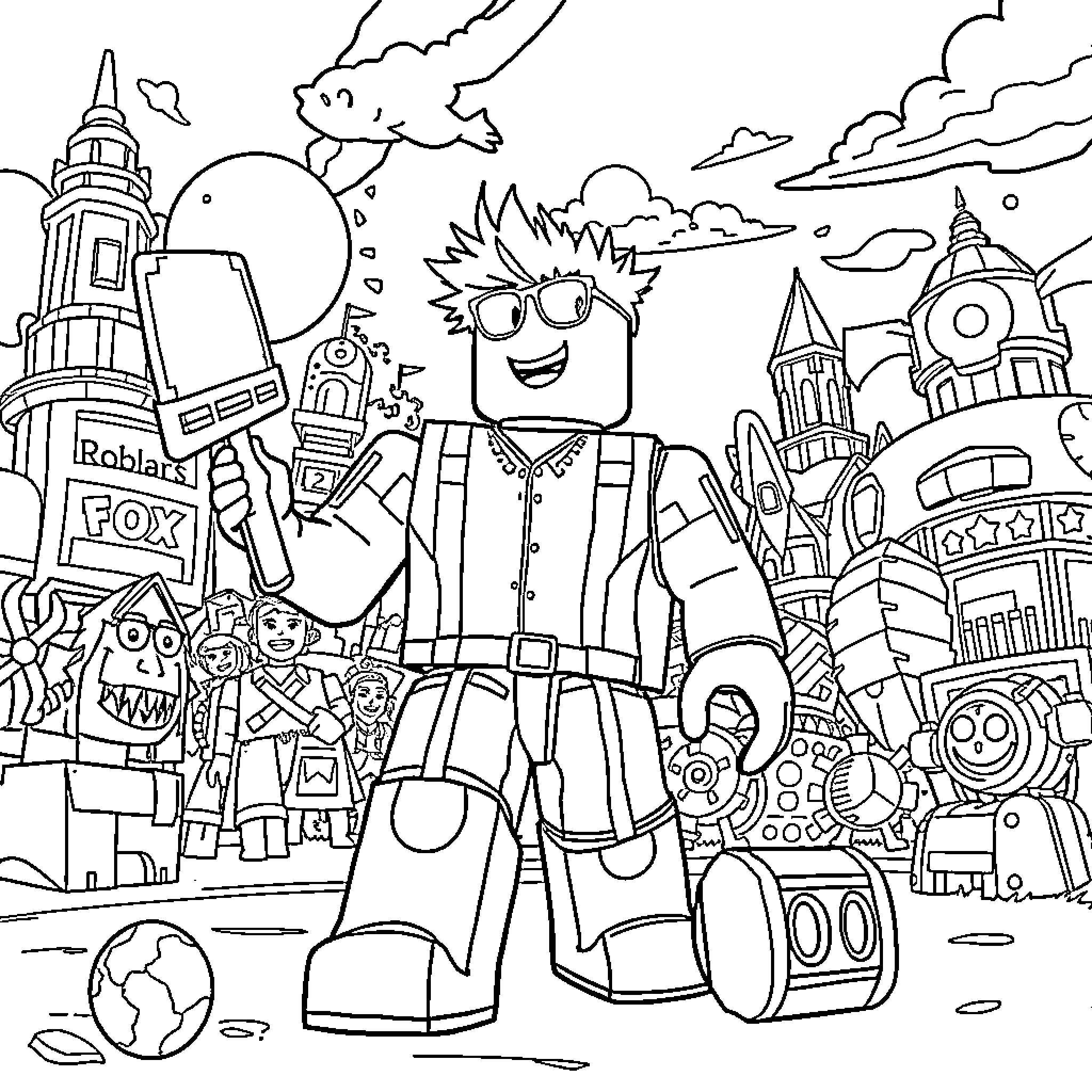 Roblox character in a whimsical virtual world Coloring Page (free black-and-white line drawing printable PDF for all, from beginners to advanced learners, including children, teens, adults, and seniors)