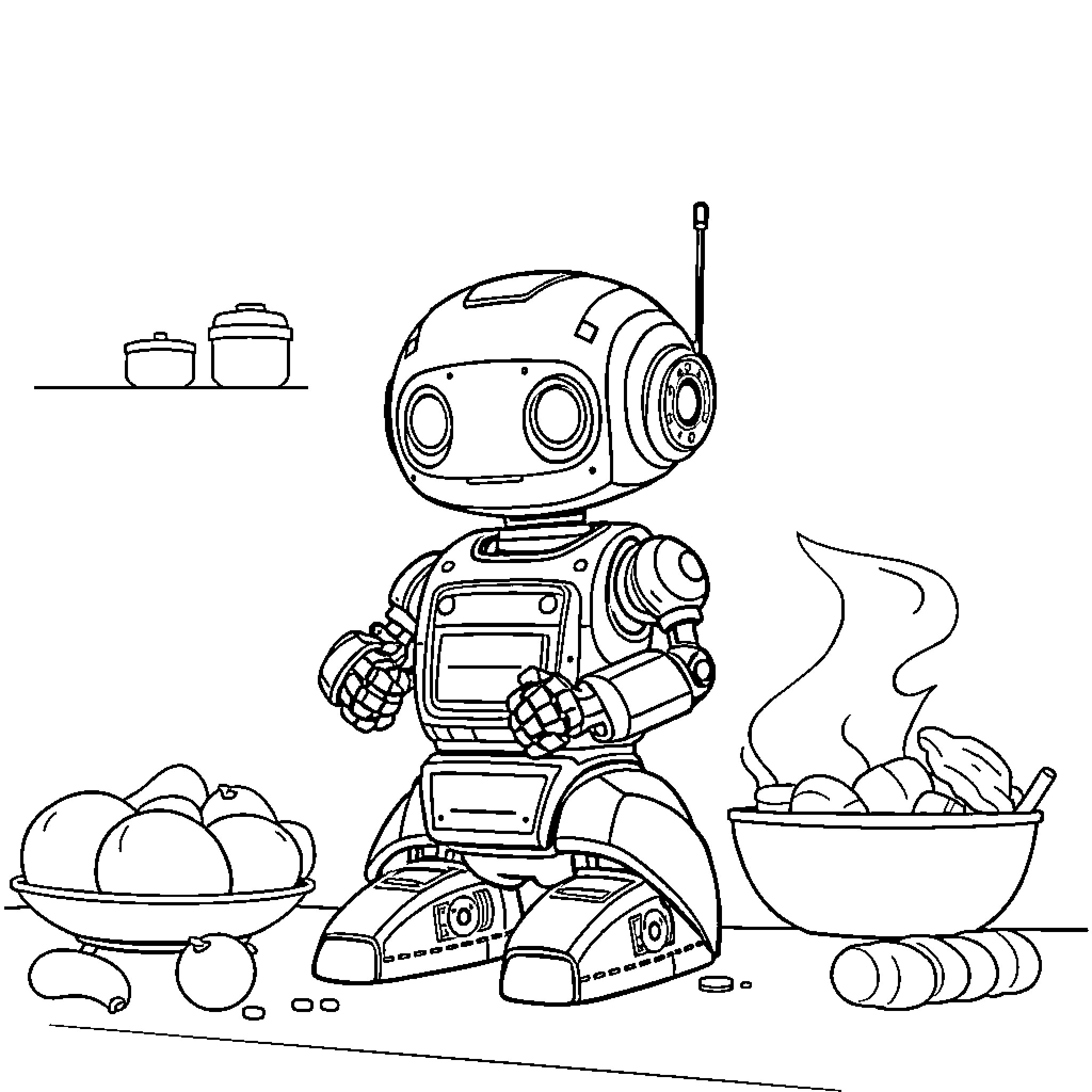 Robot Chef Preparing Delicious Meal in Kitchen Coloring Page (free black-and-white line drawing printable PDF for all, from beginners to advanced learners, including children, teens, adults, and seniors)