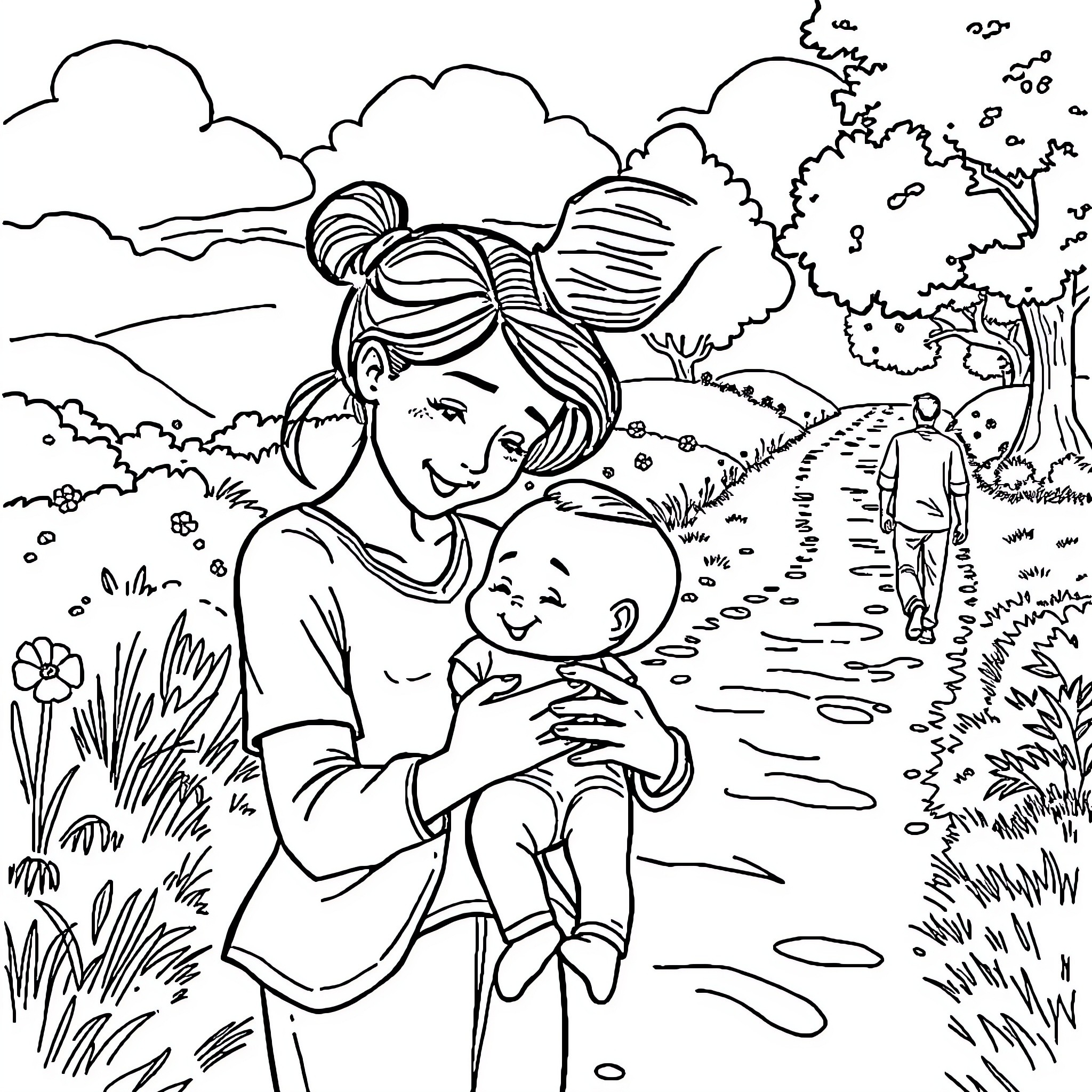 Mum's Loving Embrace in the Idyllic Outdoors Coloring Page (free black-and-white line drawing printable PDF for all, from beginners to advanced learners, including children, teens, adults, and seniors)