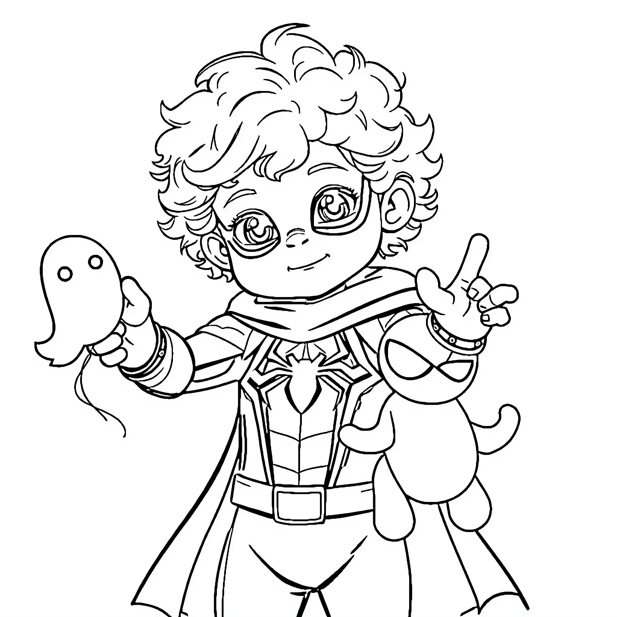Child hero posing with costumed toys Coloring Page (free black-and-white line drawing printable PDF for all, from beginners to advanced learners, including children, teens, adults, and seniors)