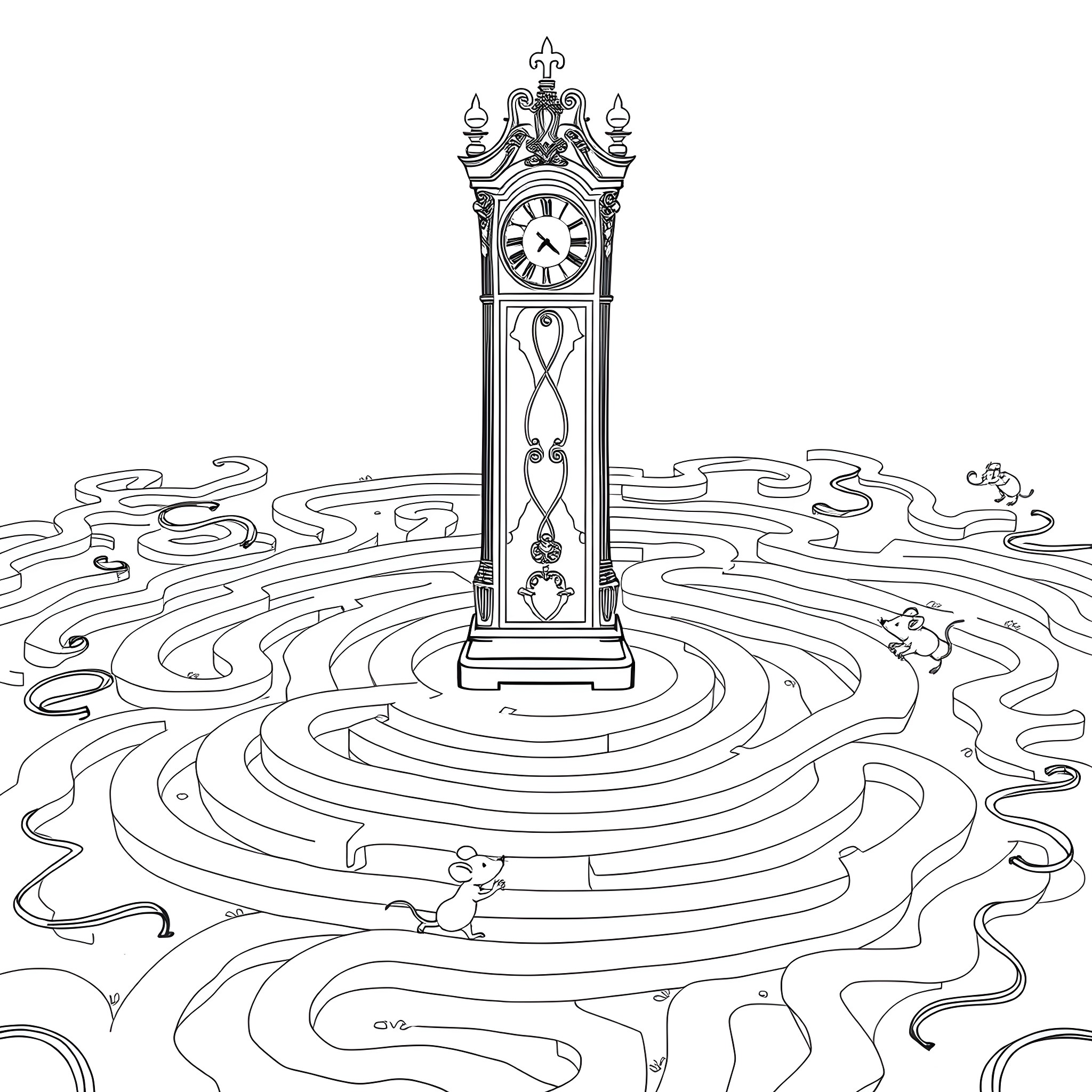Maze of Mysterious Grandfather Clock Coloring Page (free black-and-white line drawing printable PDF for all, from beginners to advanced learners, including children, teens, adults, and seniors)