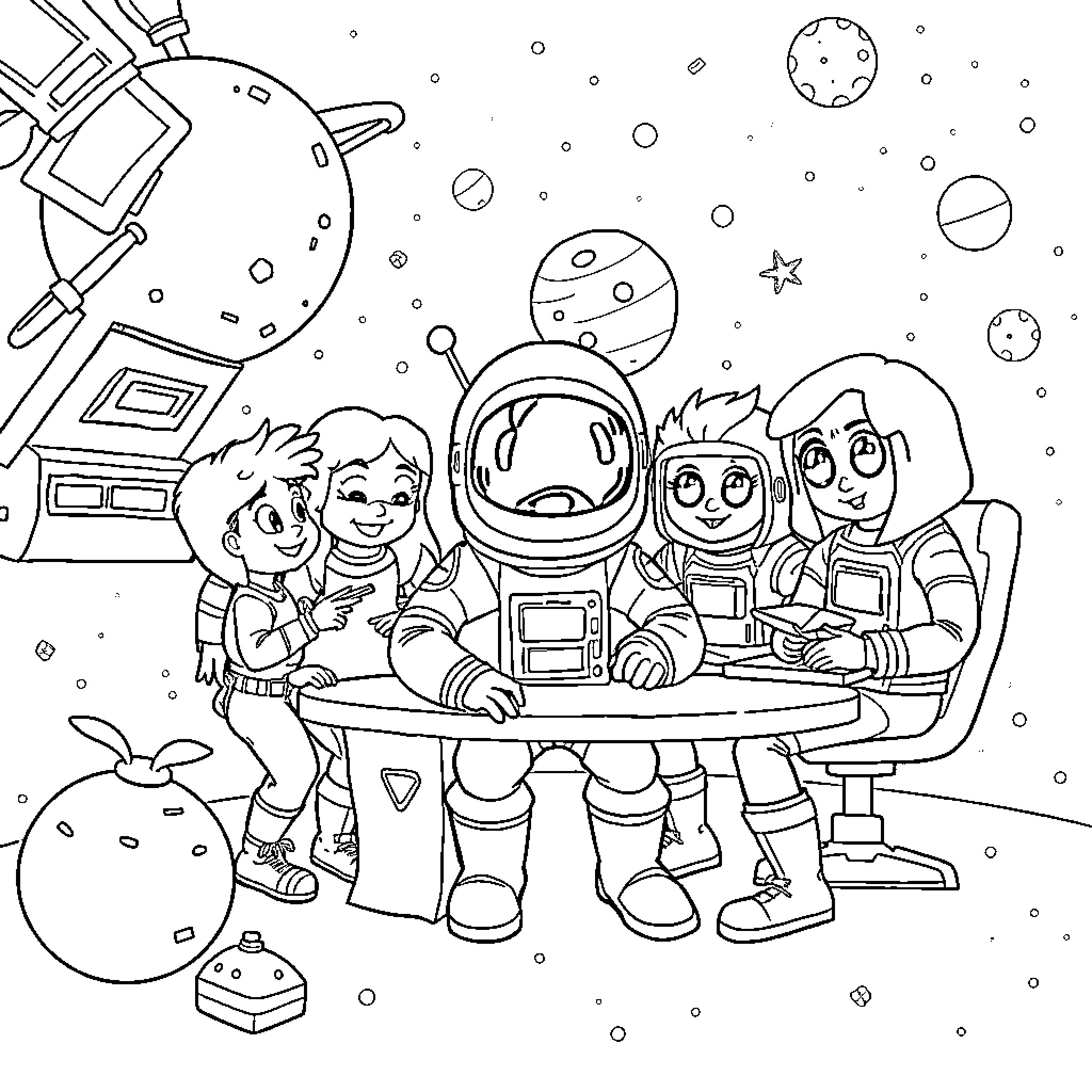 Among Us Characters Exploring Outer Space Together Coloring Page (free black-and-white line drawing printable PDF for all, from beginners to advanced learners, including children, teens, adults, and seniors)