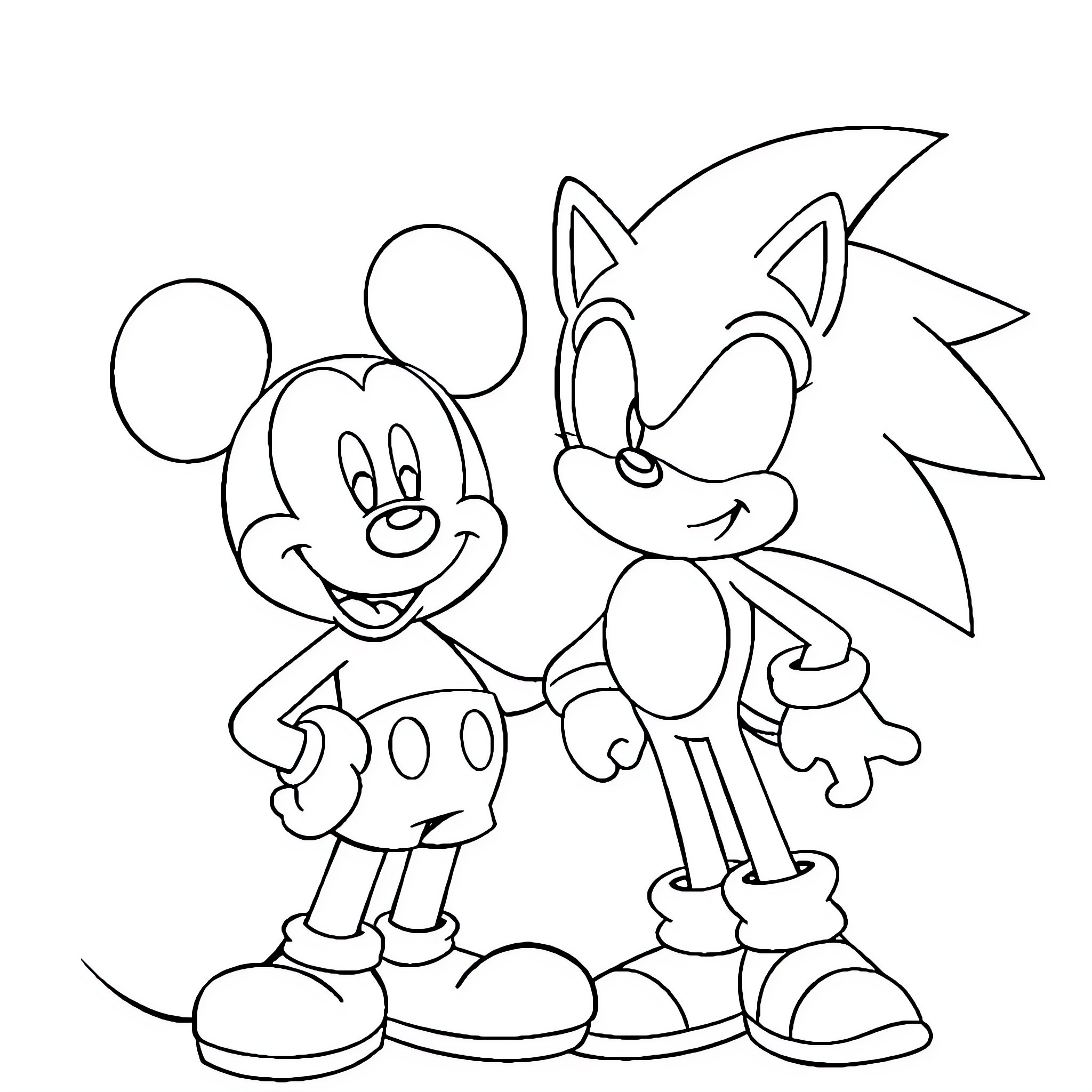 Mickey Mouse and Sonic the Hedgehog in cartoon adventure Coloring Page (free black-and-white line drawing printable PDF for all, from beginners to advanced learners, including children, teens, adults, and seniors)