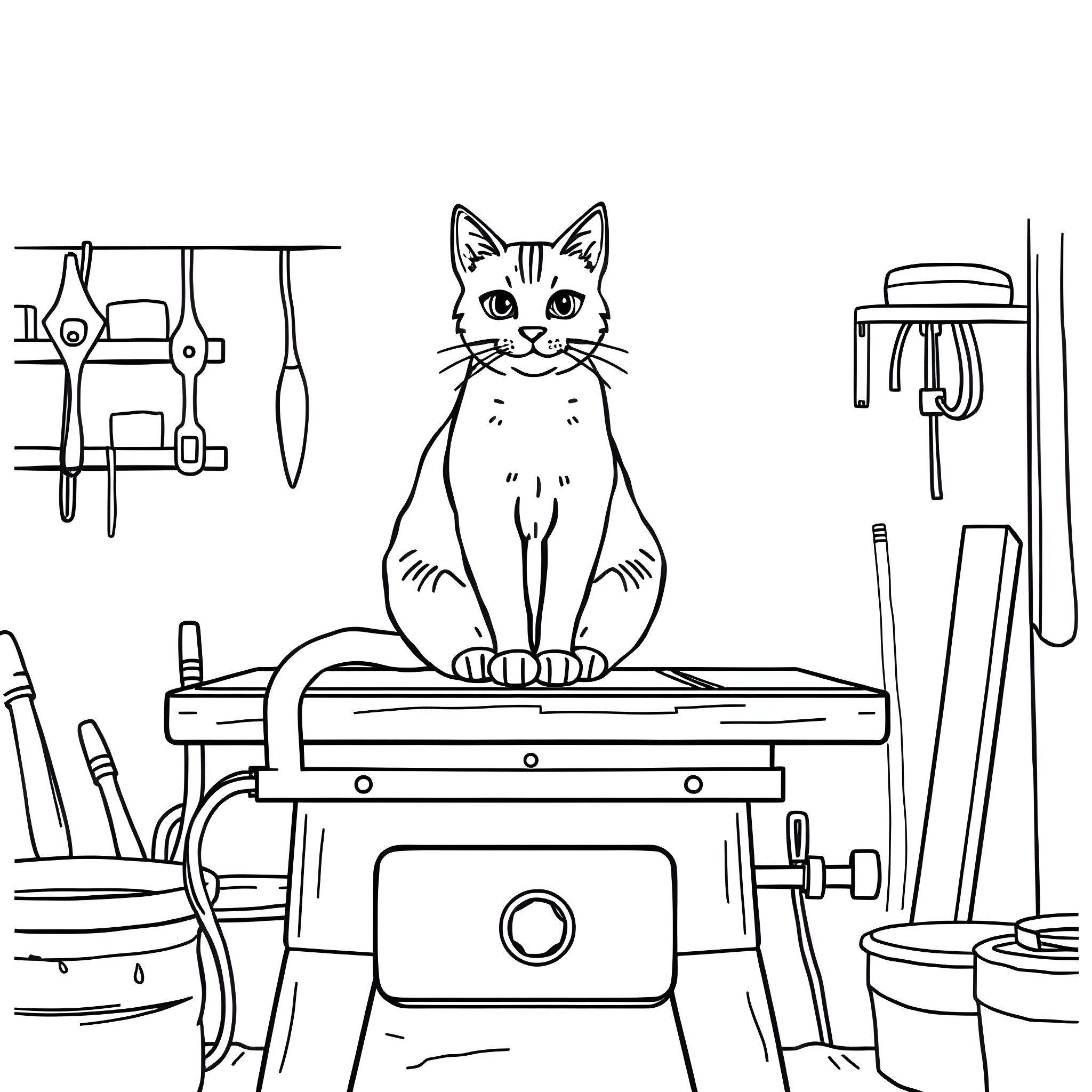 Cat Sitting on a Workbench Surrounded by Tools Coloring Page (free black-and-white line drawing printable PDF for all, from beginners to advanced learners, including children, teens, adults, and seniors)