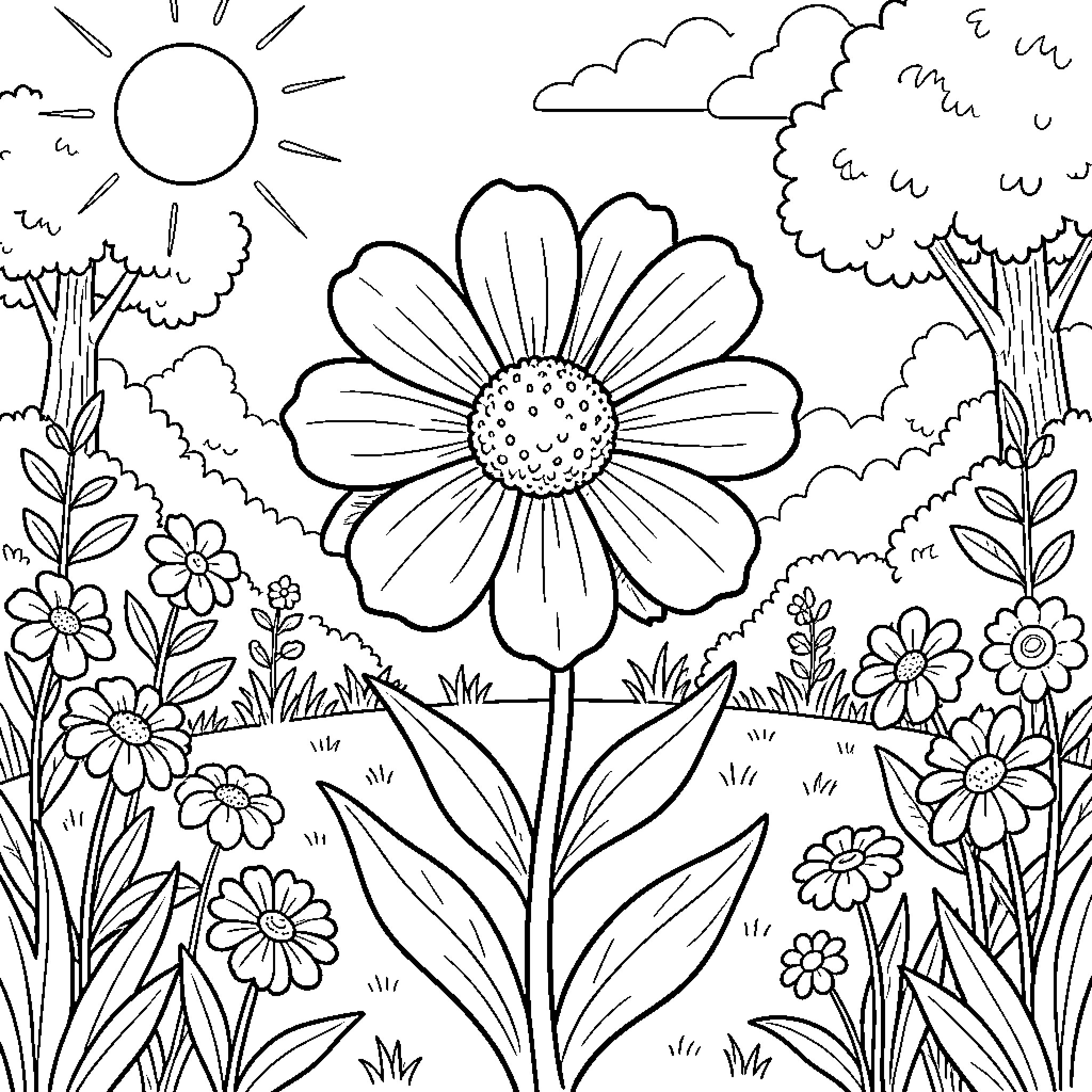 Bunga blooming in a lush floral field Coloring Page (free black-and-white line drawing printable PDF for all, from beginners to advanced learners, including children, teens, adults, and seniors)