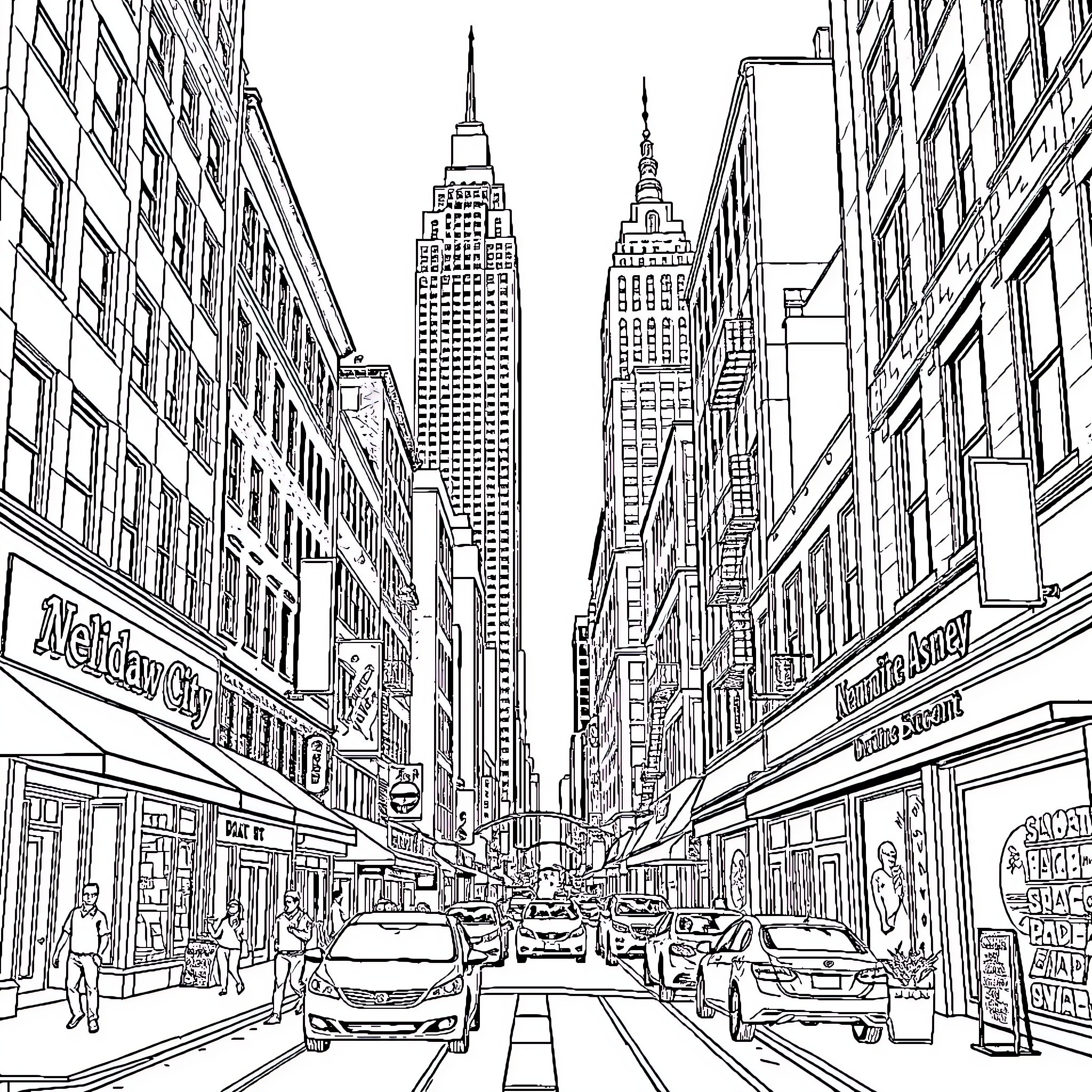 Jersey City cityscape with iconic skyscrapers and bustling streets Coloring Page (free black-and-white line drawing printable PDF for all, from beginners to advanced learners, including children, teens, adults, and seniors)