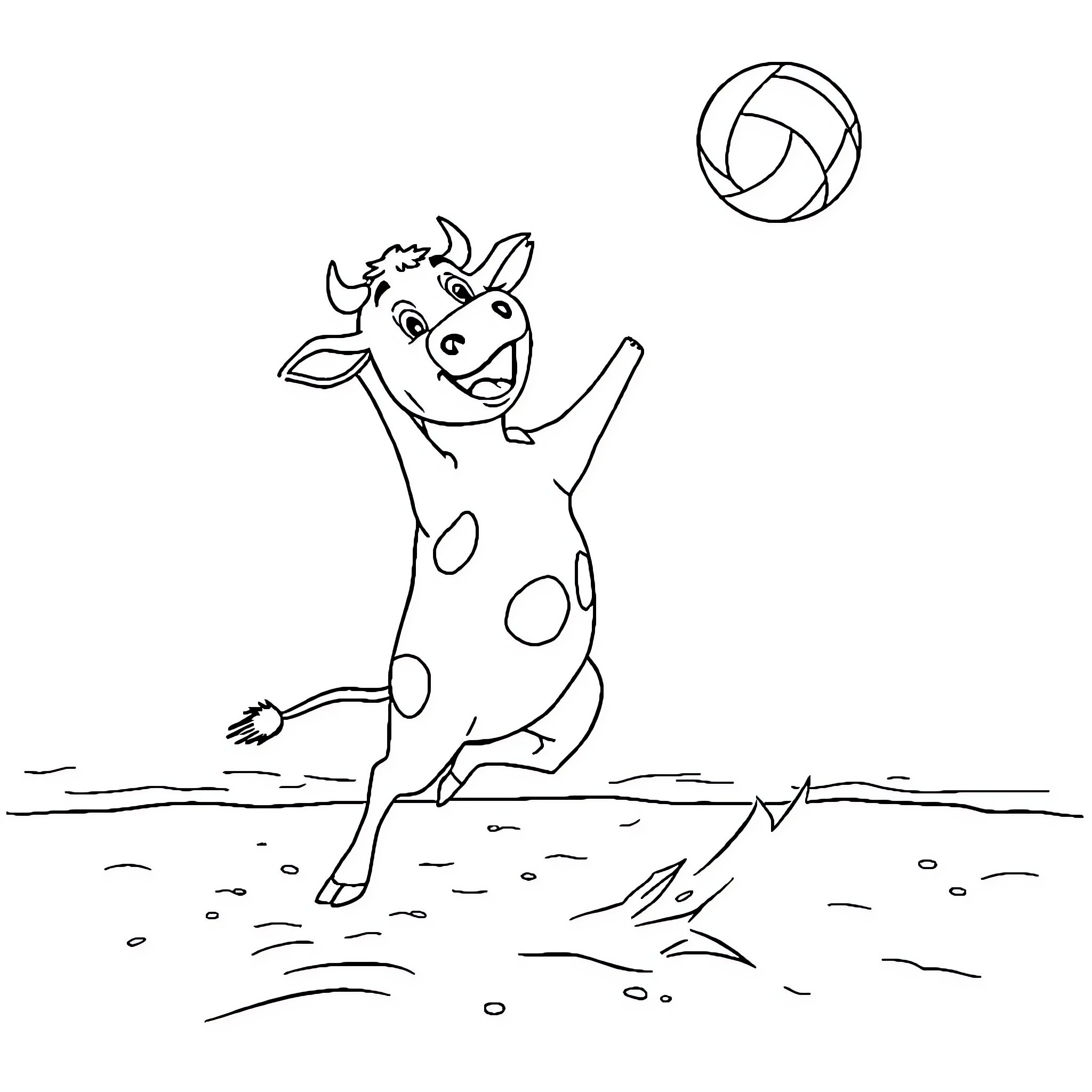 Cow playing joyfully with a ball Coloring Page (free black-and-white line drawing printable PDF for all, from beginners to advanced learners, including children, teens, adults, and seniors)