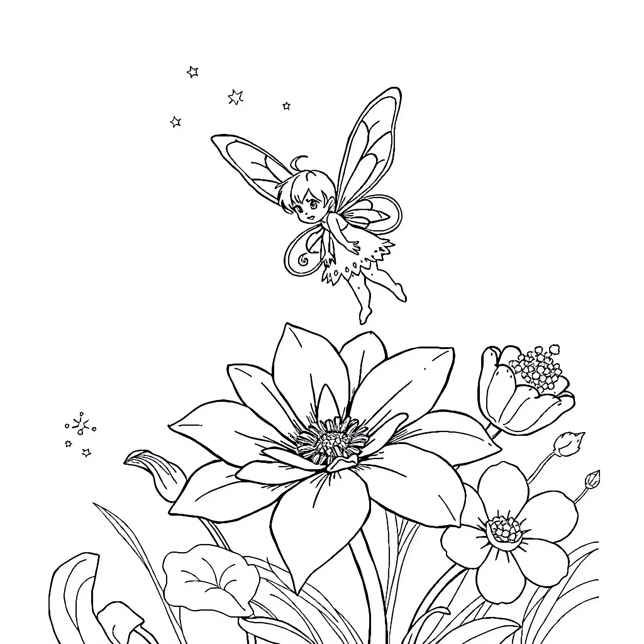 Fairy flying amidst enchanting floral blooms Coloring Page (free black-and-white line drawing printable PDF for all, from beginners to advanced learners, including children, teens, adults, and seniors)