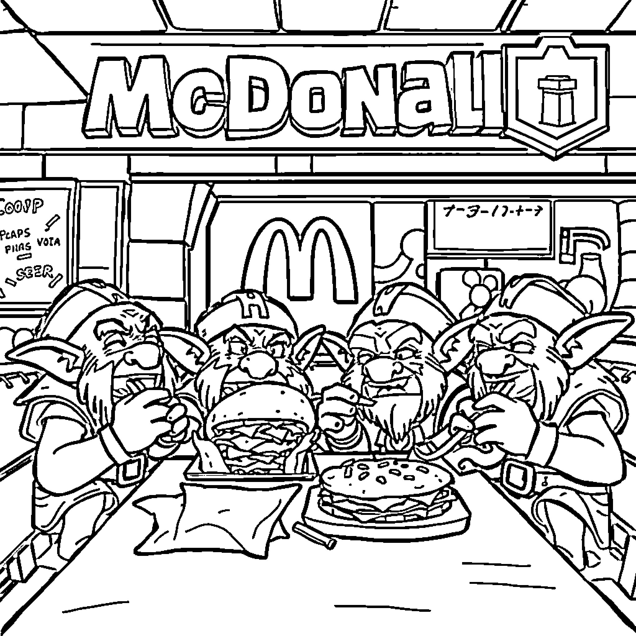 Goblin Goblins Gather for Gourmet Grub at McDonald's Coloring Page (free black-and-white line drawing printable PDF for all, from beginners to advanced learners, including children, teens, adults, and seniors)