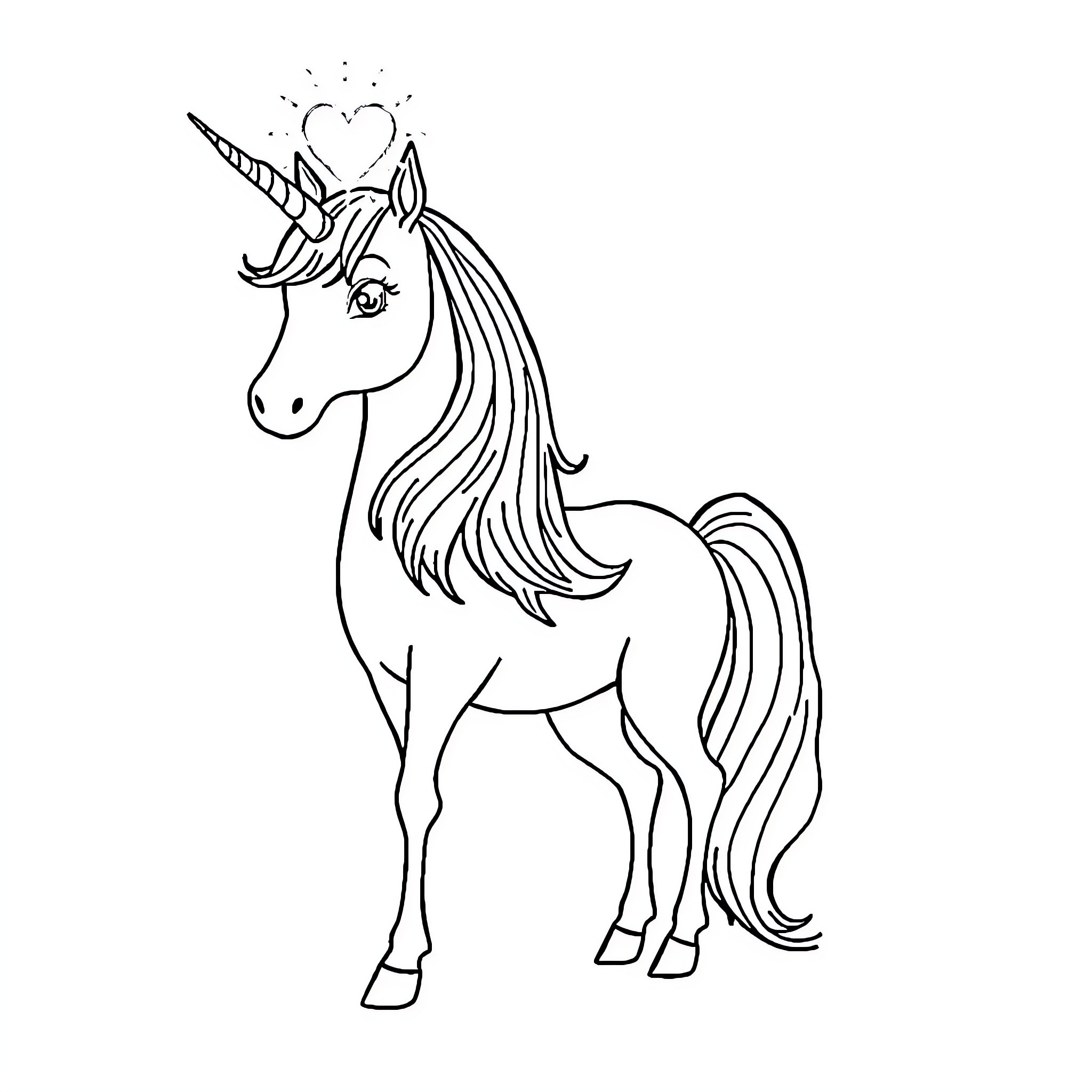 Unicorn with Heart-Shaped Horn and Flowing Mane Coloring Page (free black-and-white line drawing printable PDF for all, from beginners to advanced learners, including children, teens, adults, and seniors)
