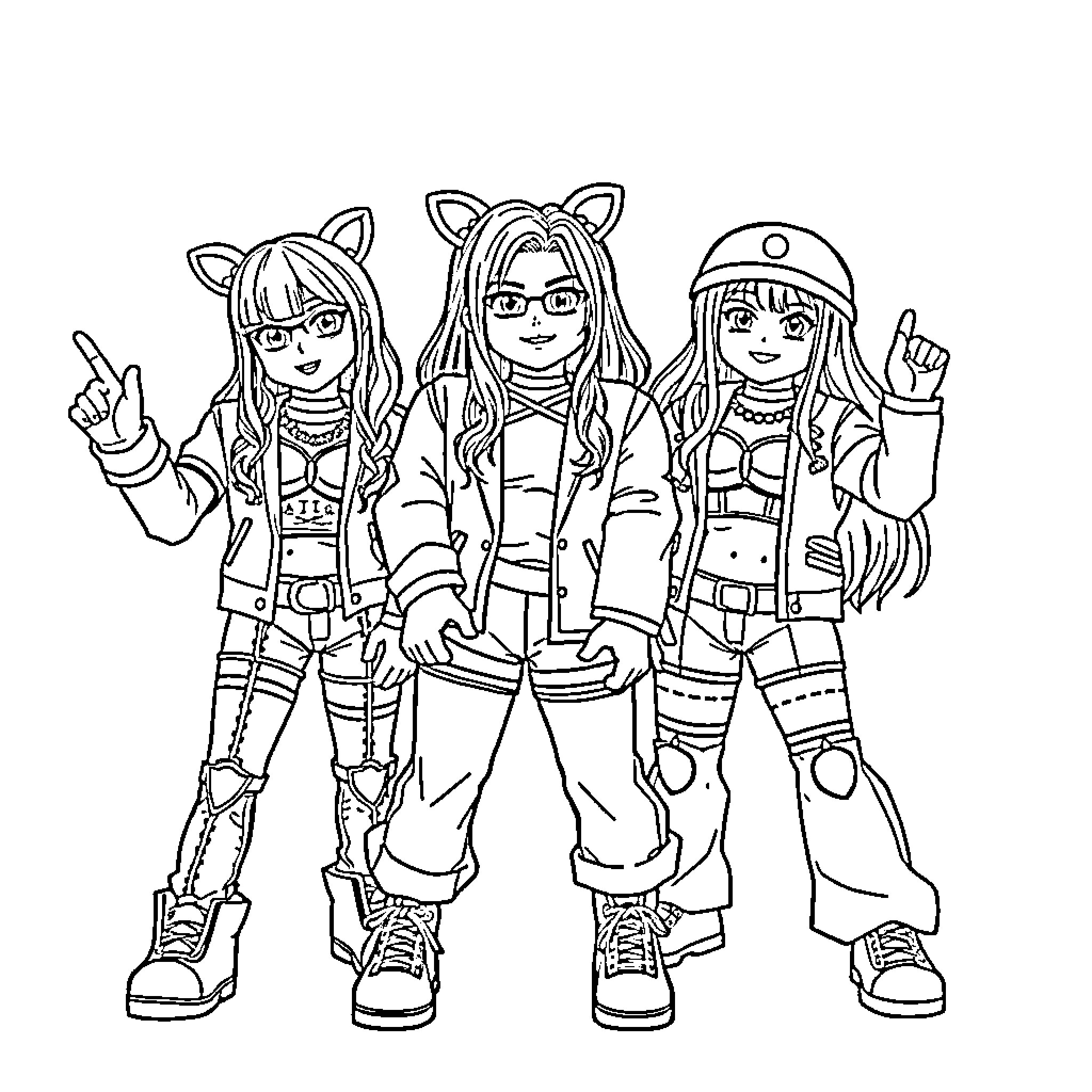 K Pop Warrior Trio in Stylish Outfits Coloring Page (free black-and-white line drawing printable PDF for all, from beginners to advanced learners, including children, teens, adults, and seniors)