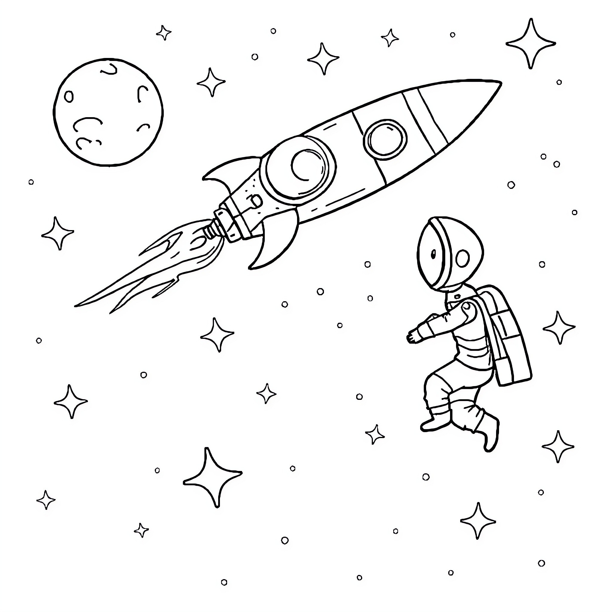 Astronaut exploring outer space in a rocket ship Coloring Page (free black-and-white line drawing printable PDF for all, from beginners to advanced learners, including children, teens, adults, and seniors)
