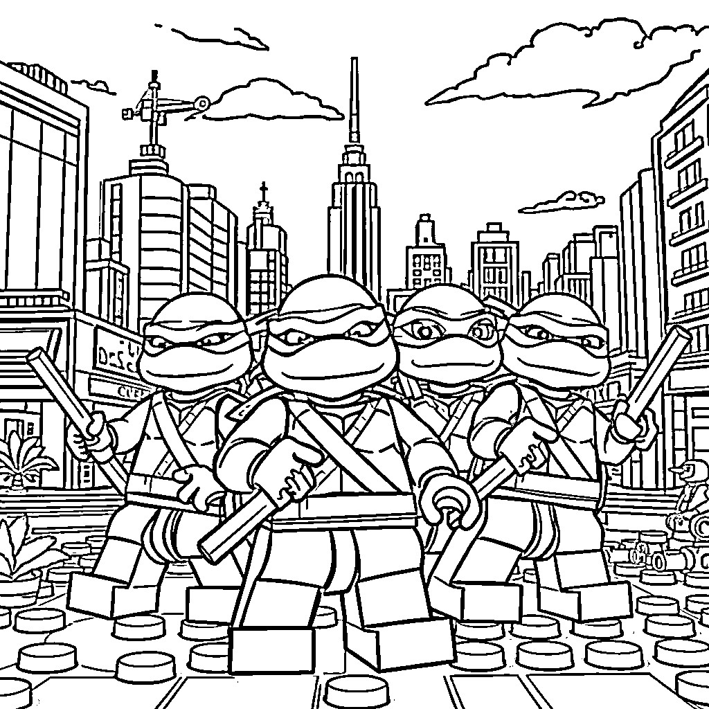 Teenage Mutant Ninja Turtle Turtles Explore City Skyline Coloring Page (free black-and-white line drawing printable PDF for all, from beginners to advanced learners, including children, teens, adults, and seniors)