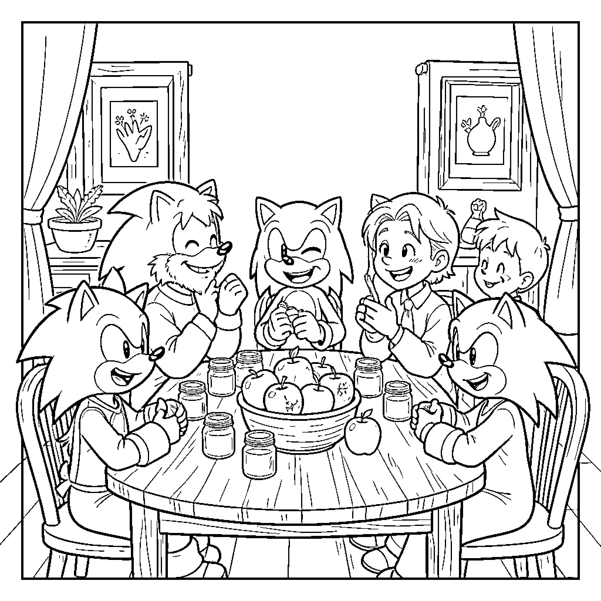 Sonic and friends enjoying a meal together around a table Coloring Page (free black-and-white line drawing printable PDF for all, from beginners to advanced learners, including children, teens, adults, and seniors)