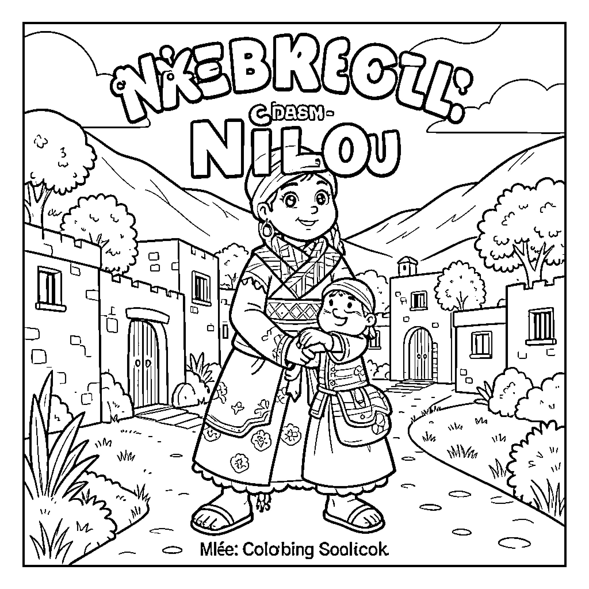 Nilou standing with a child in a village scene Coloring Page (free black-and-white line drawing printable PDF for all, from beginners to advanced learners, including children, teens, adults, and seniors)