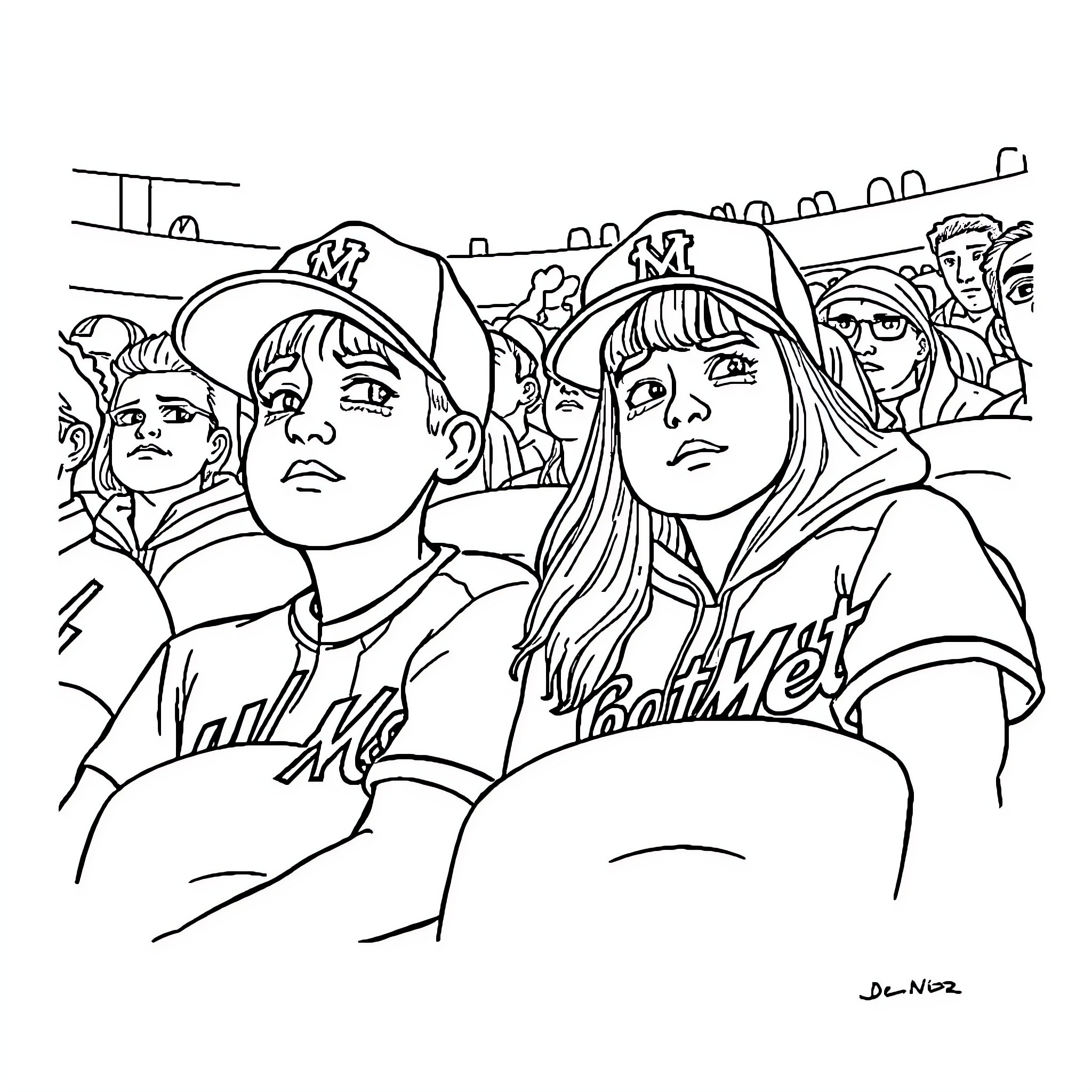 Mets Fans Cheering at the Game Coloring Page (free black-and-white line drawing printable PDF for all, from beginners to advanced learners, including children, teens, adults, and seniors)