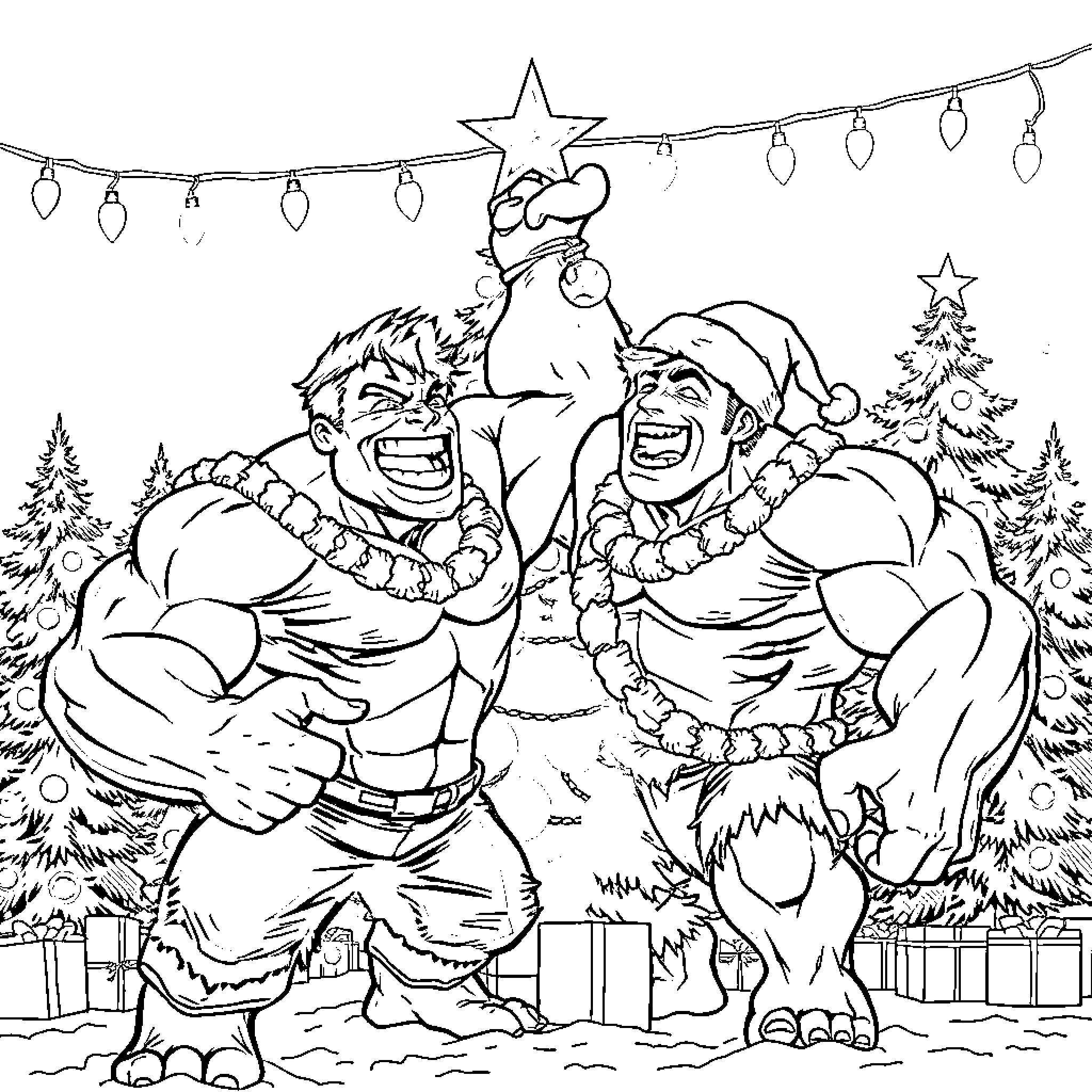 Hulk celebrates joyous holiday with friend Coloring Page (free black-and-white line drawing printable PDF for all, from beginners to advanced learners, including children, teens, adults, and seniors)