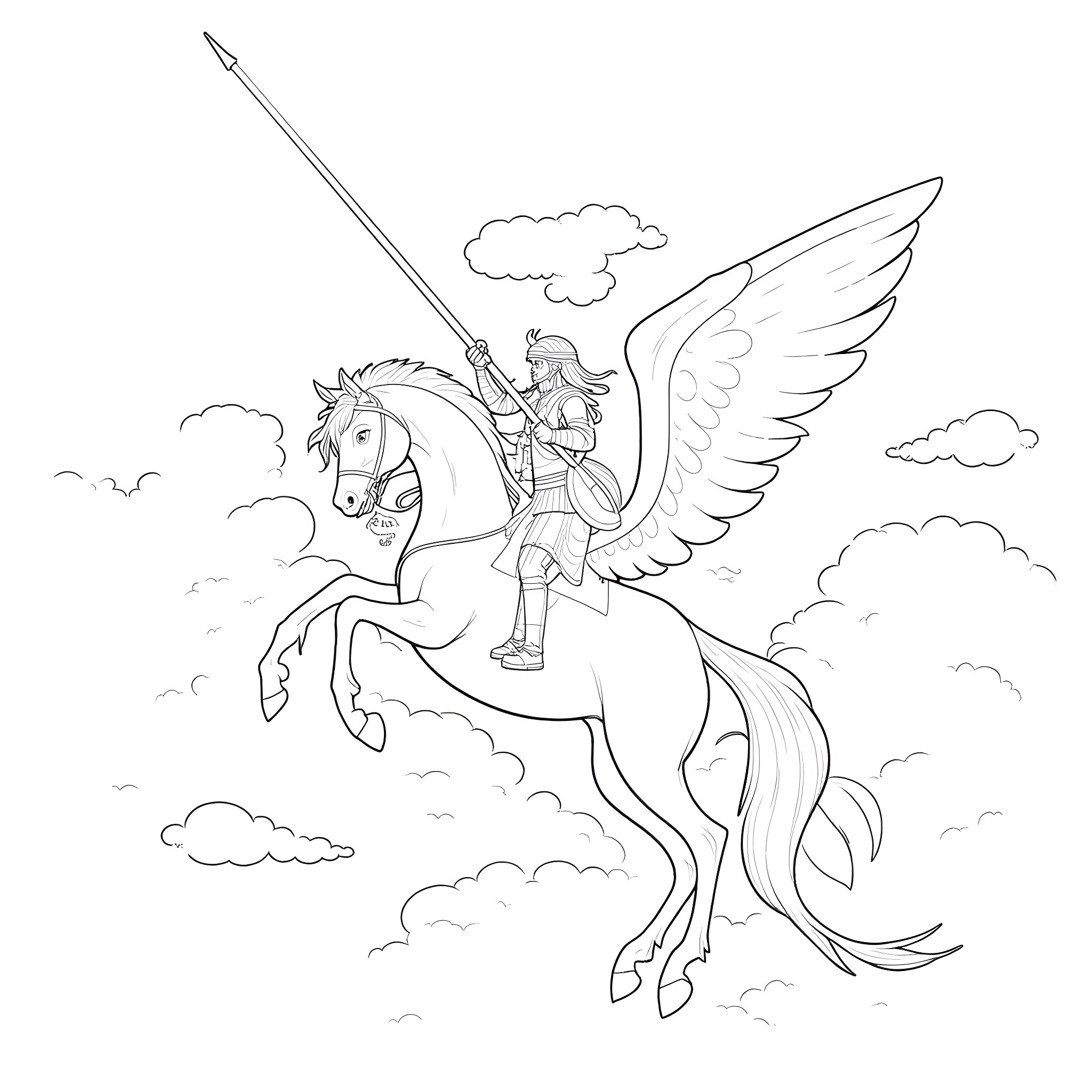Rhohirrim warrior riding a winged horse in the sky Coloring Page (free black-and-white line drawing printable PDF for all, from beginners to advanced learners, including children, teens, adults, and seniors)