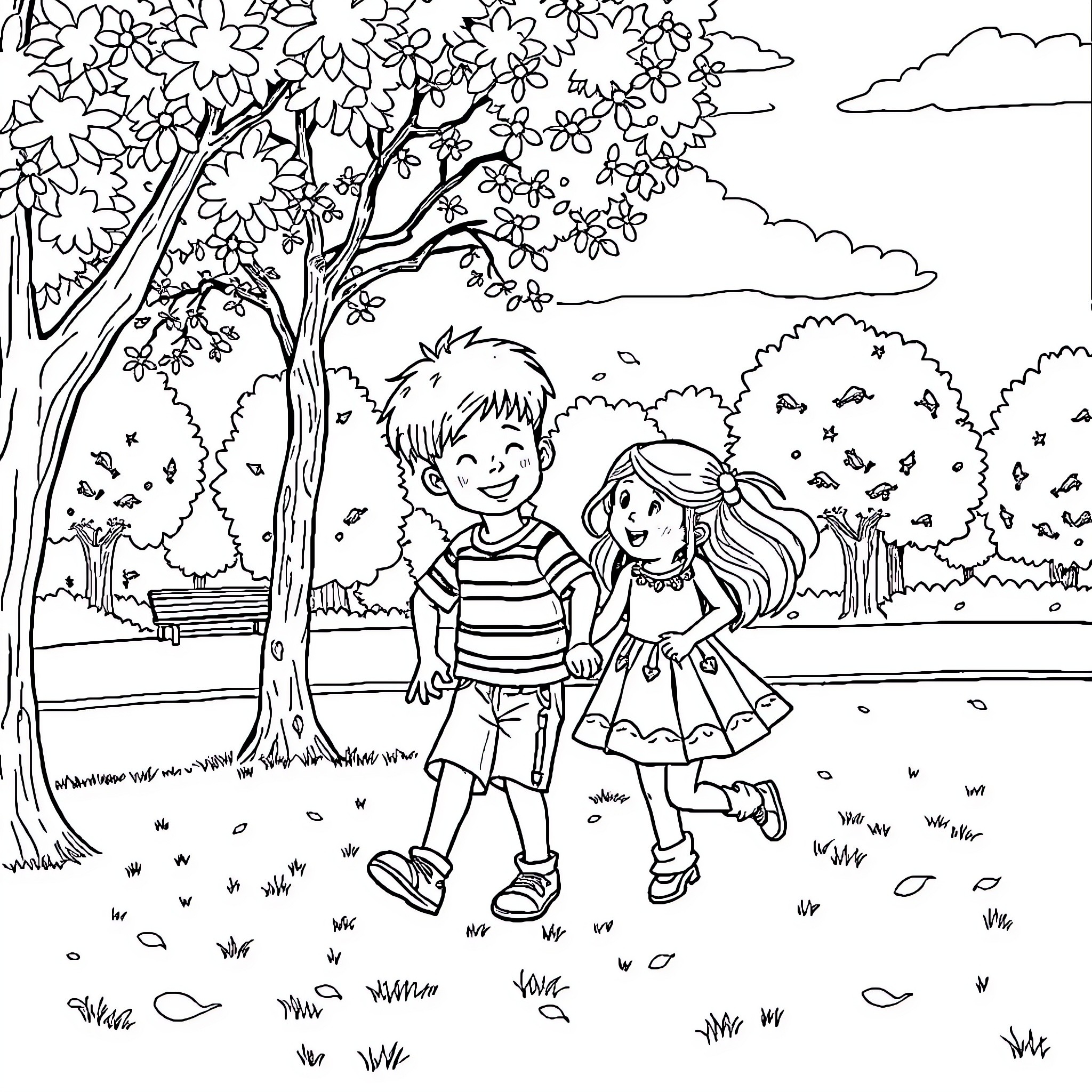 Marin's Enchanting Garden Adventure Coloring Page (free black-and-white line drawing printable PDF for all, from beginners to advanced learners, including children, teens, adults, and seniors)