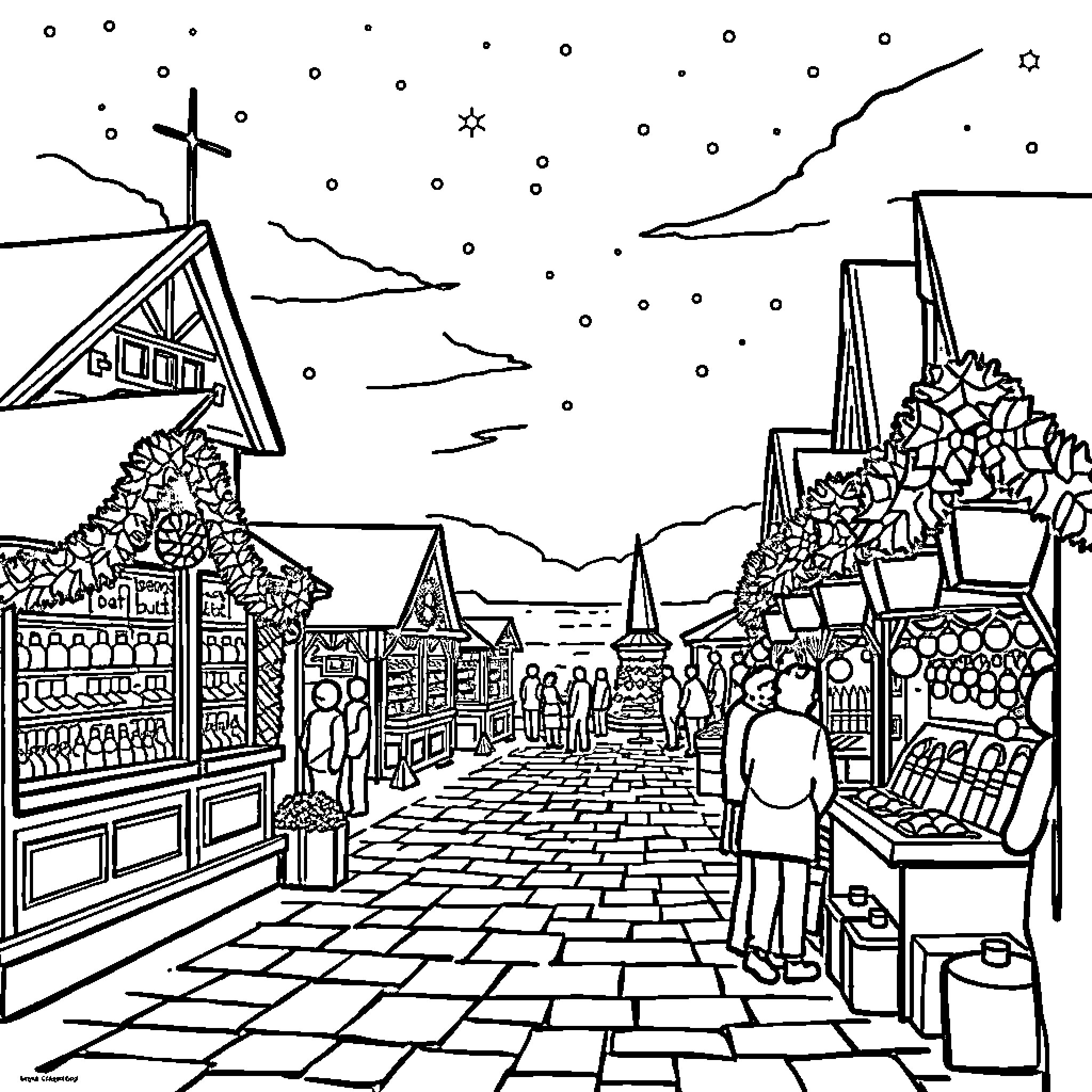 Mermaid in a Quaint Winter Village Coloring Page (free black-and-white line drawing printable PDF for all, from beginners to advanced learners, including children, teens, adults, and seniors)