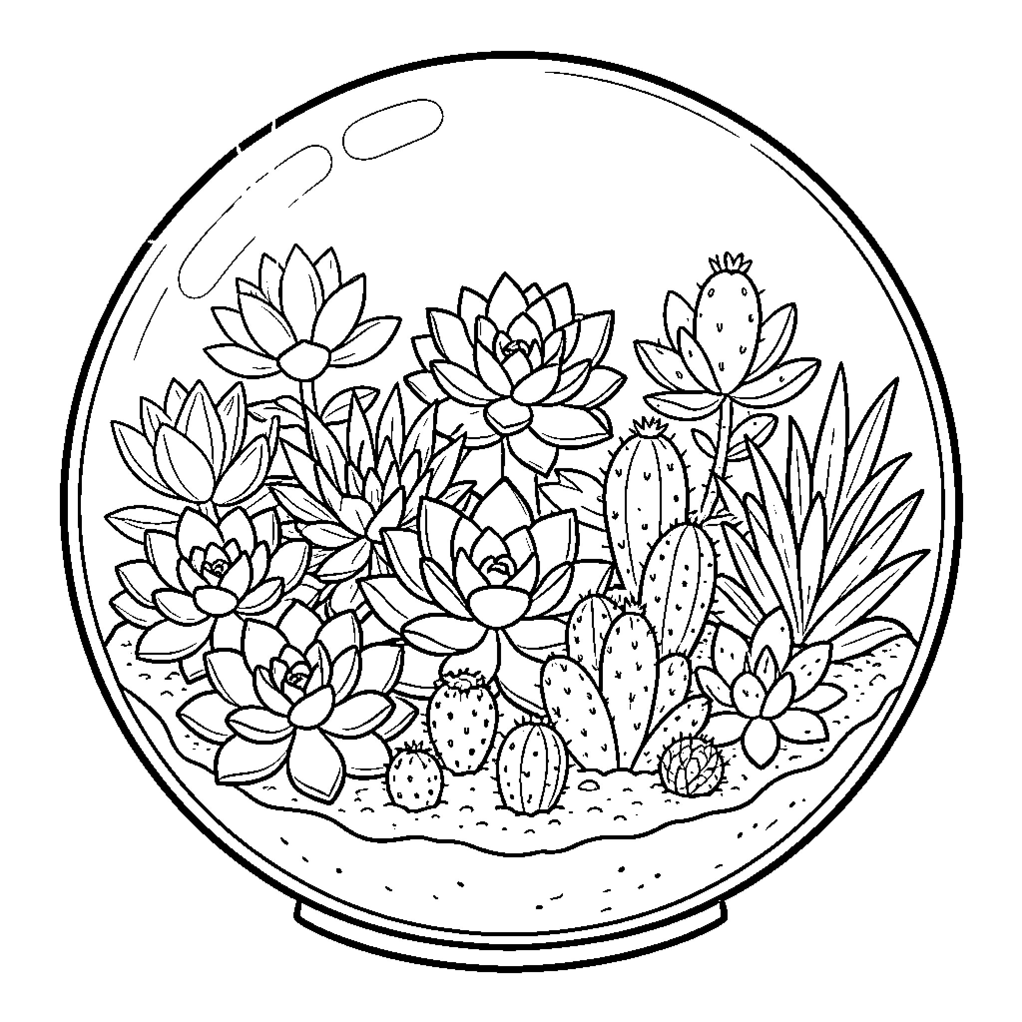 Succulent garden in a terrarium Coloring Page (free black-and-white line drawing printable PDF for all, from beginners to advanced learners, including children, teens, adults, and seniors)