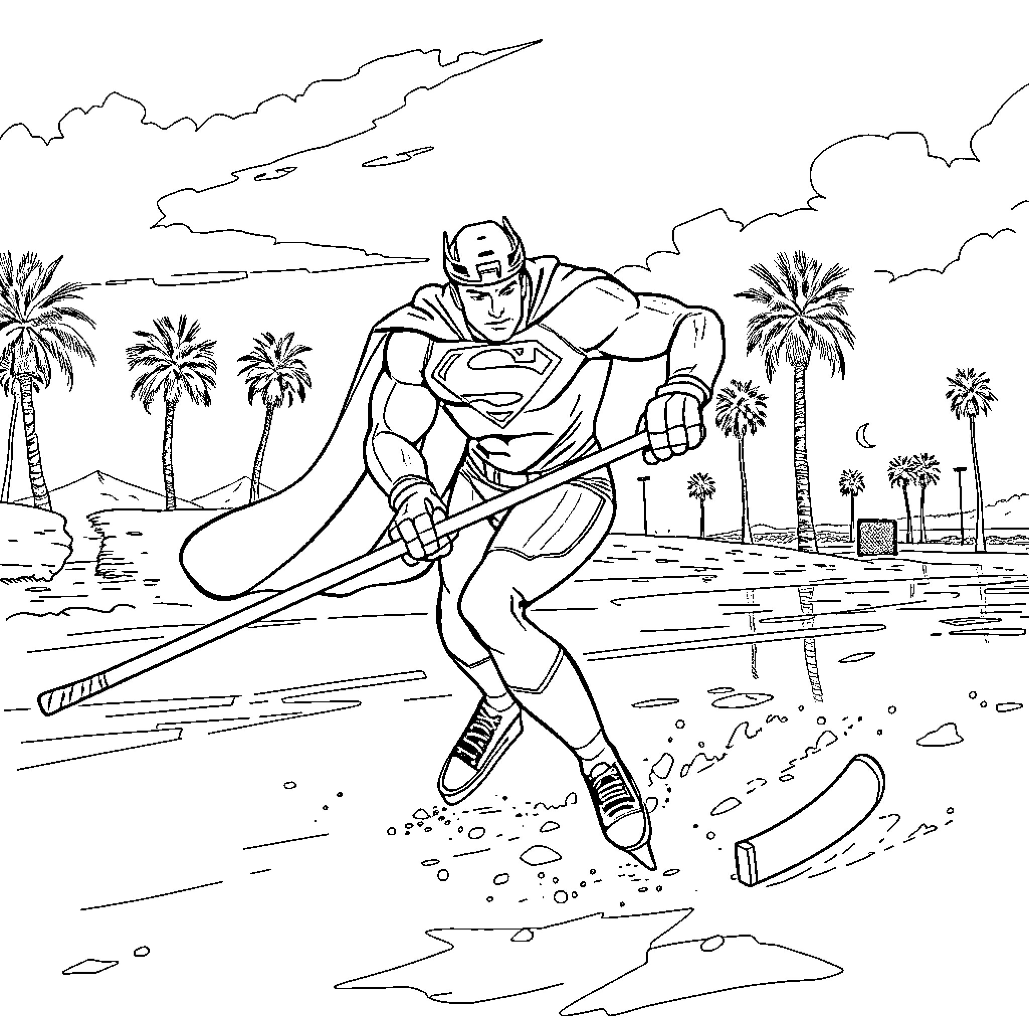 Superman soaring over the tropical beach landscape Coloring Page (free black-and-white line drawing printable PDF for all, from beginners to advanced learners, including children, teens, adults, and seniors)