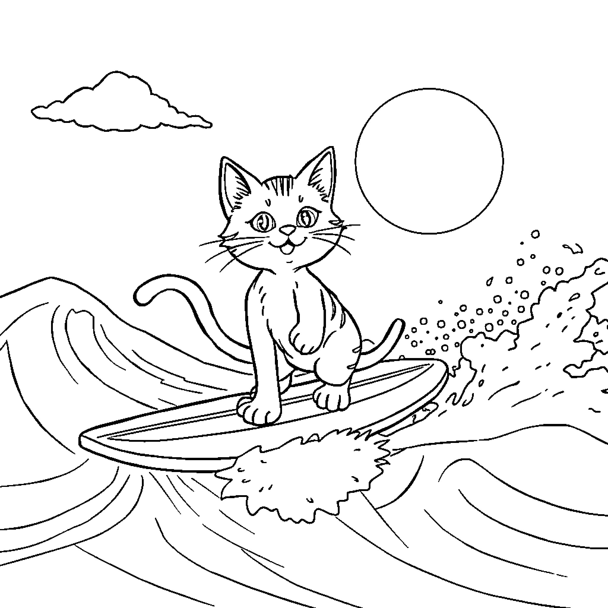 Cat Surfing the Waves on a Moonlit Night Coloring Page (free black-and-white line drawing printable PDF for all, from beginners to advanced learners, including children, teens, adults, and seniors)