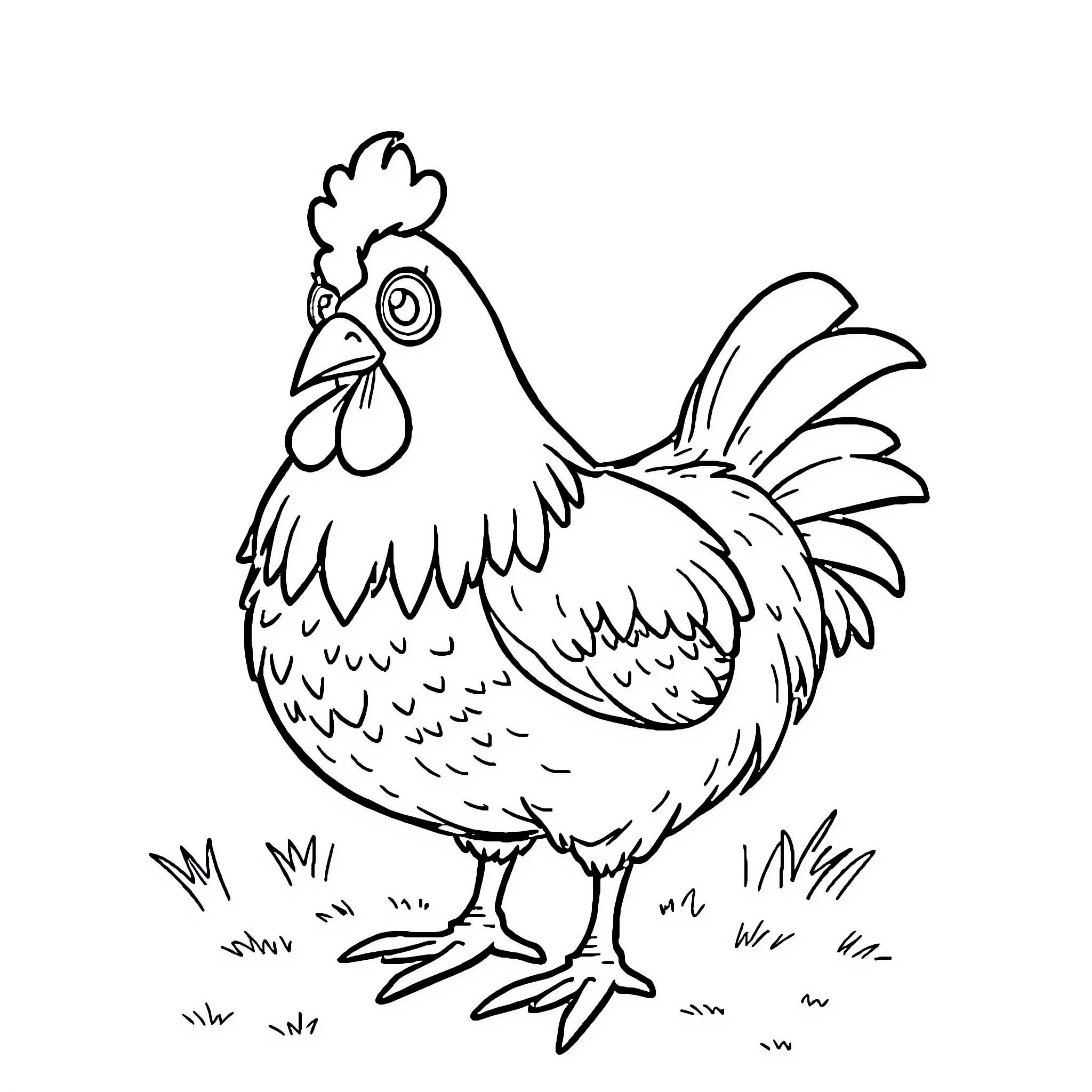 Chicken standing on grass Coloring Page (free black-and-white line drawing printable PDF for all, from beginners to advanced learners, including children, teens, adults, and seniors)