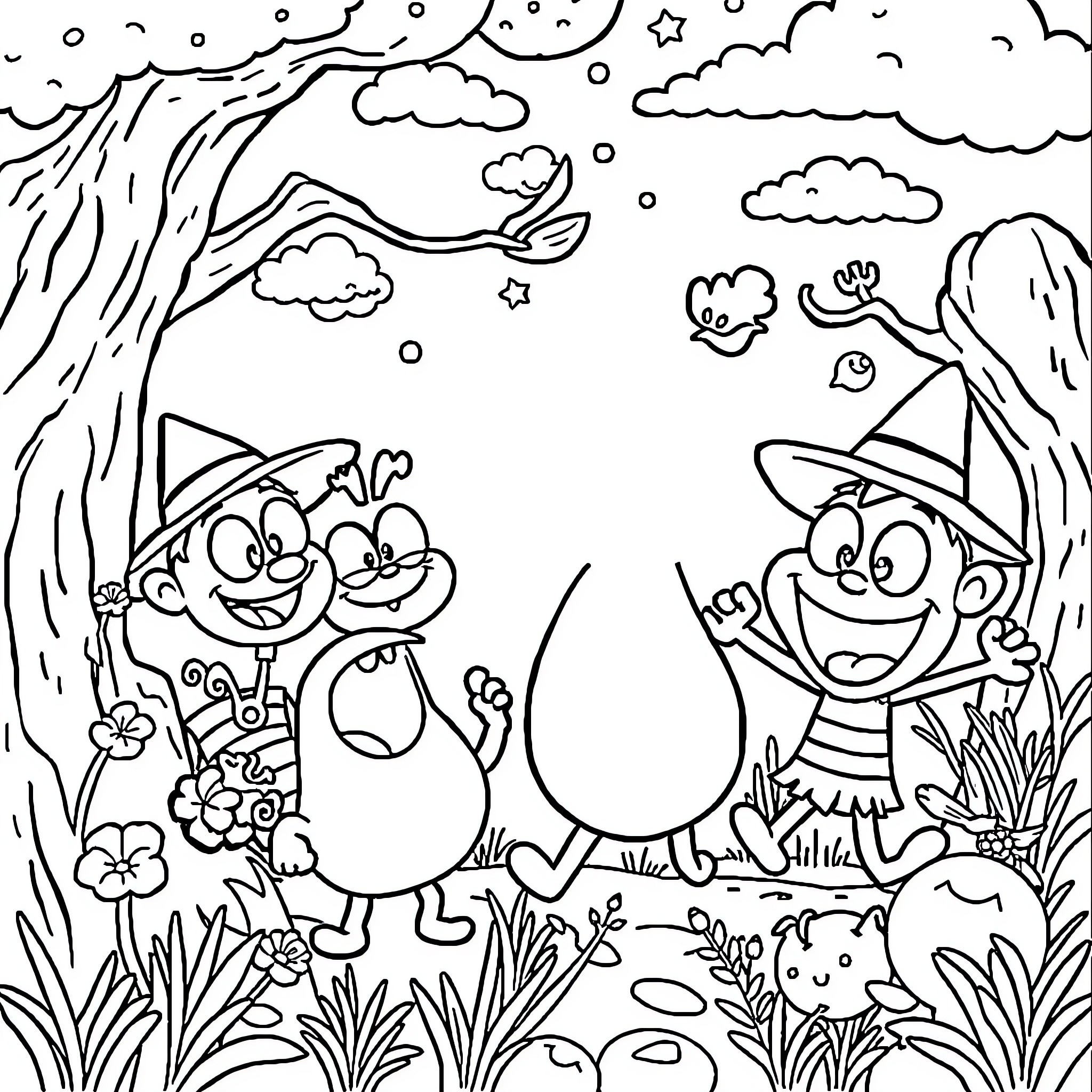 Cartoon characters exploring the forest Coloring Page (free black-and-white line drawing printable PDF for all, from beginners to advanced learners, including children, teens, adults, and seniors)