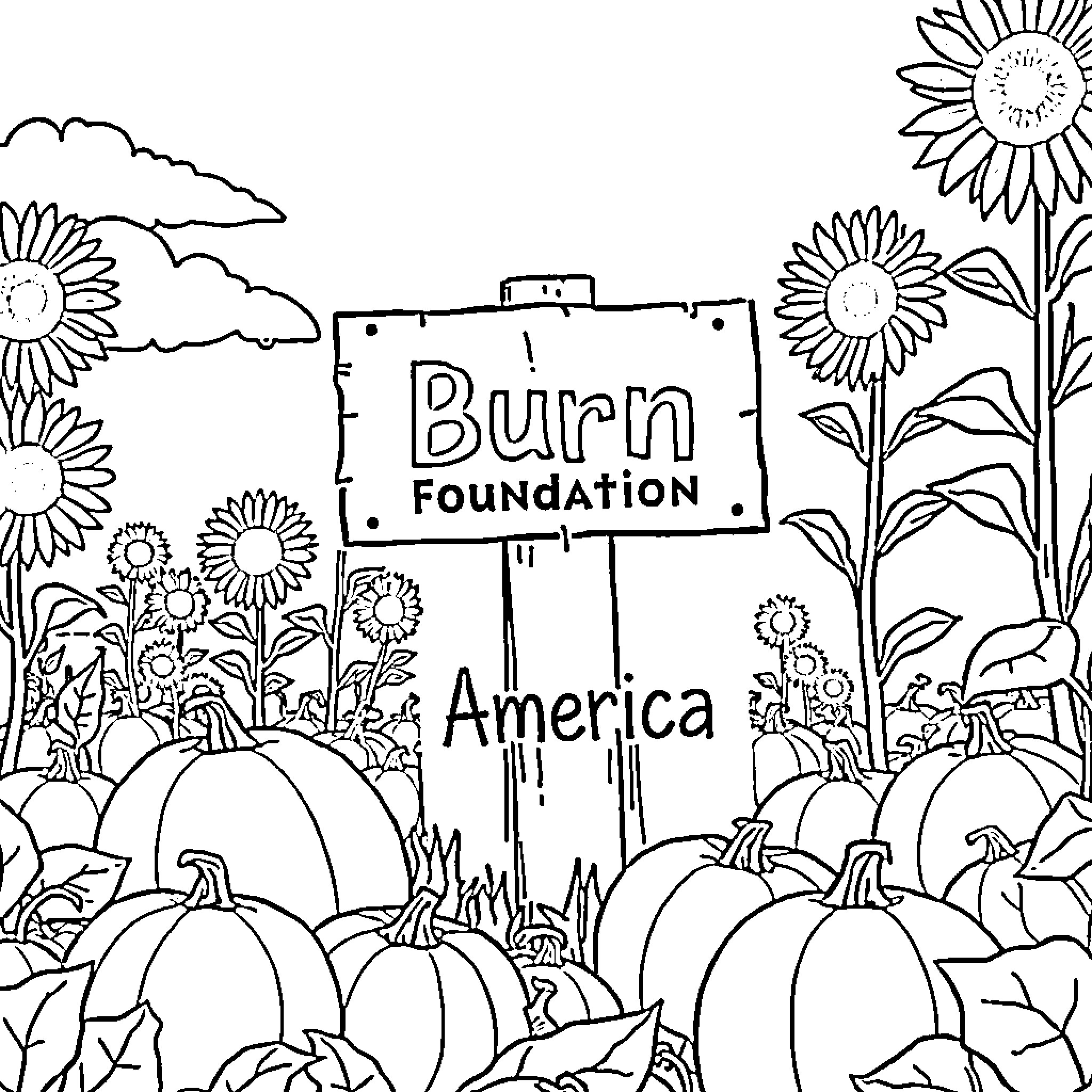 Sign of Burn Foundation in a pumpkin patch with sunflowers Coloring Page (free black-and-white line drawing printable PDF for all, from beginners to advanced learners, including children, teens, adults, and seniors)