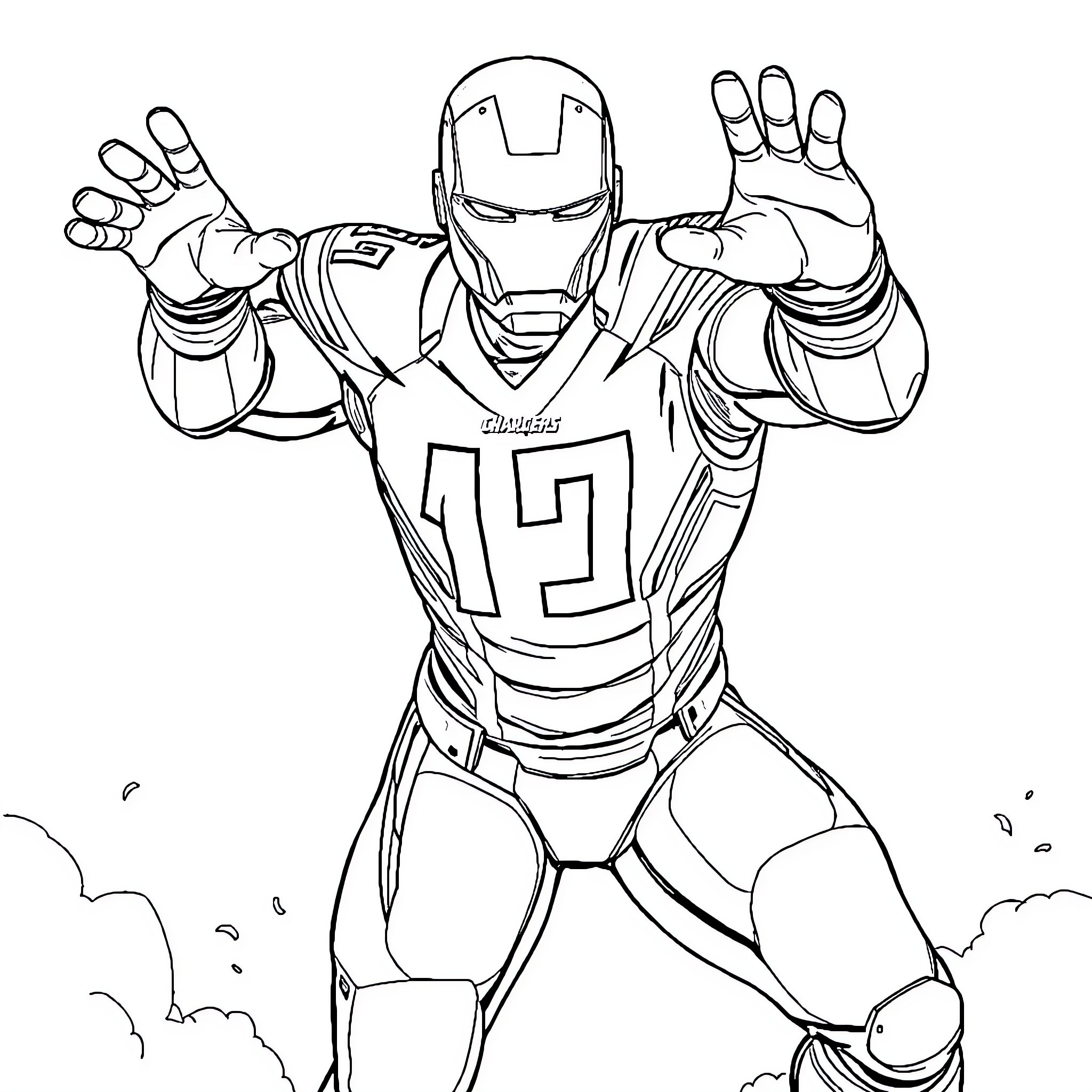 Iron Man in Action-Packed Pose Coloring Page (free black-and-white line drawing printable PDF for all, from beginners to advanced learners, including children, teens, adults, and seniors)