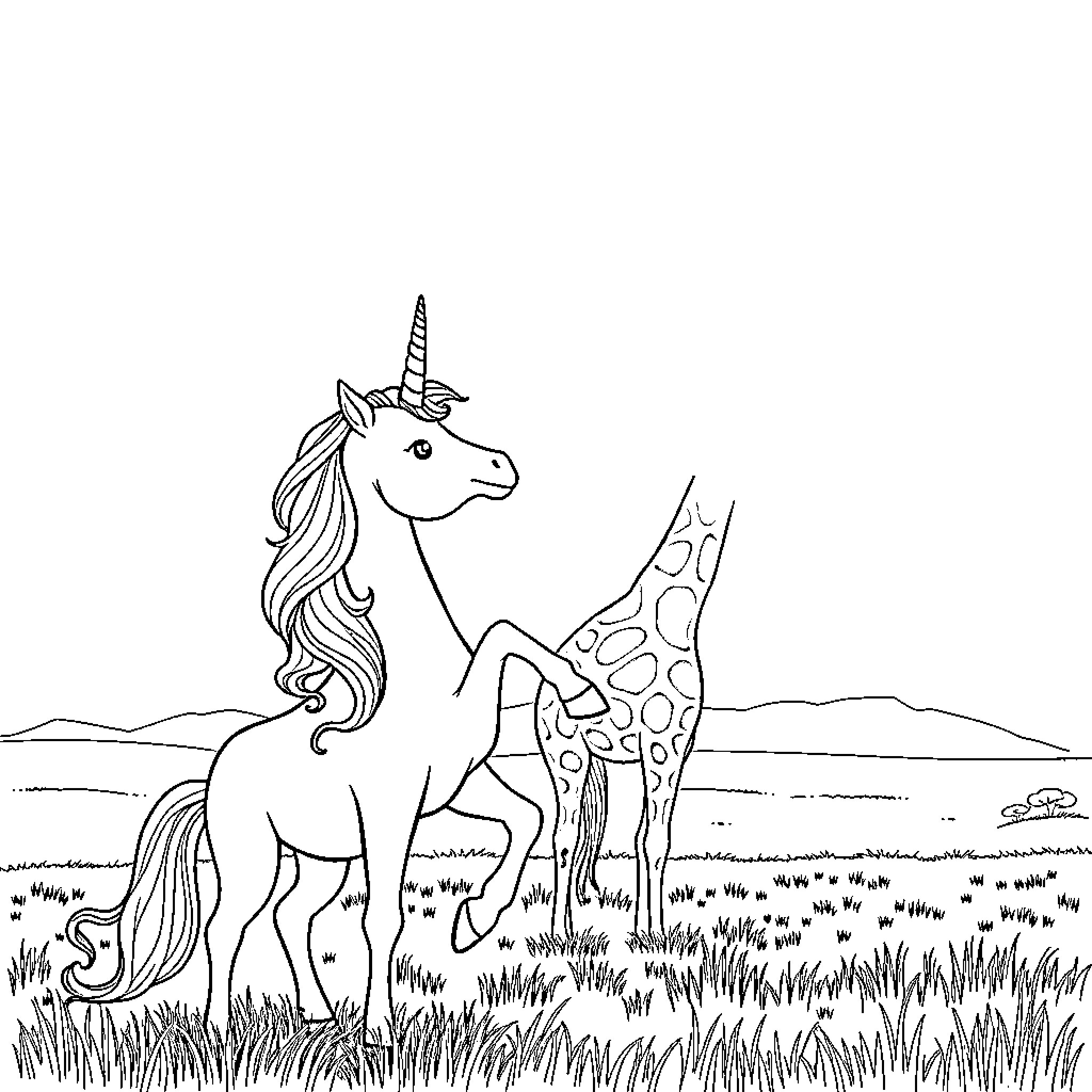 Unicorn and giraffe sharing the meadow Coloring Page (free black-and-white line drawing printable PDF for all, from beginners to advanced learners, including children, teens, adults, and seniors)
