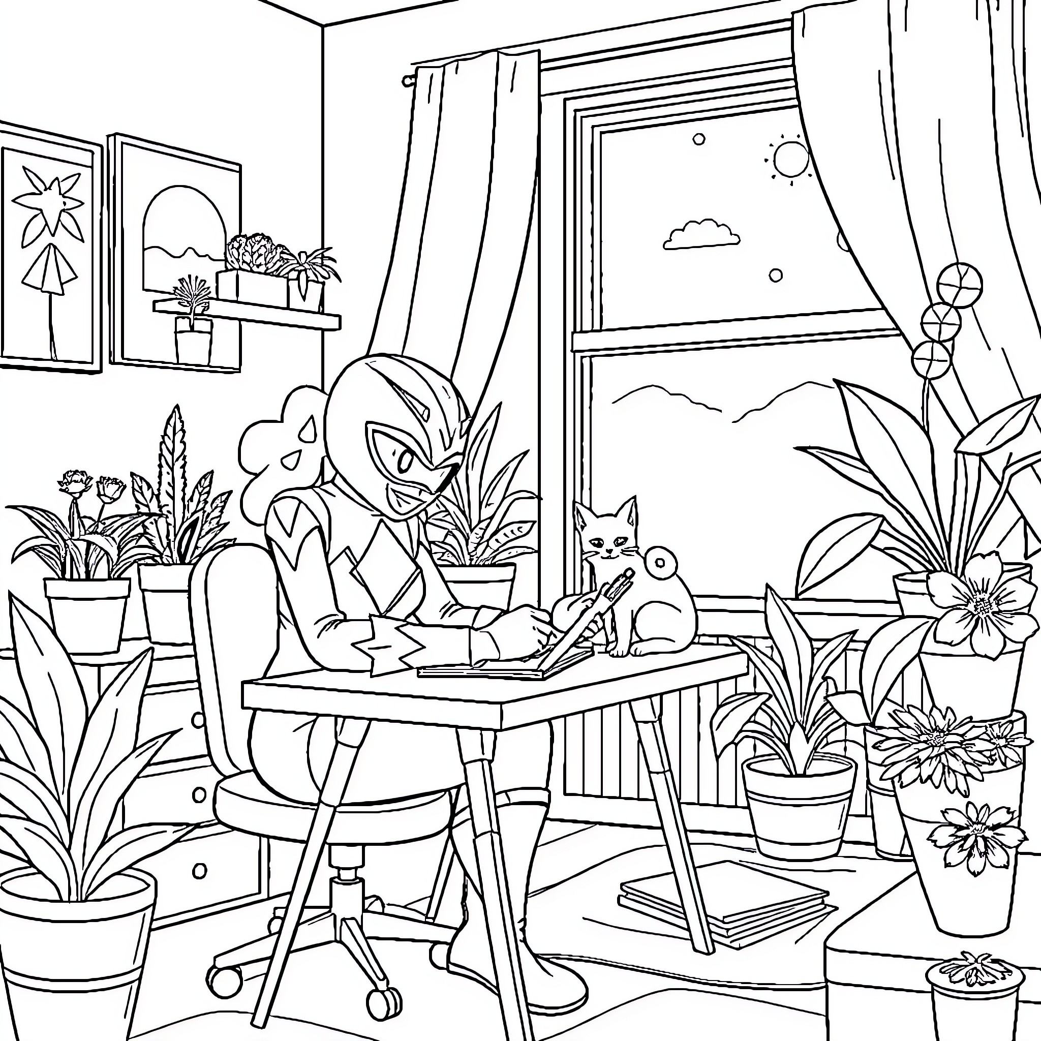 Power Ranger Inspired Home Office with Plants and Pets Coloring Page (free black-and-white line drawing printable PDF for all, from beginners to advanced learners, including children, teens, adults, and seniors)